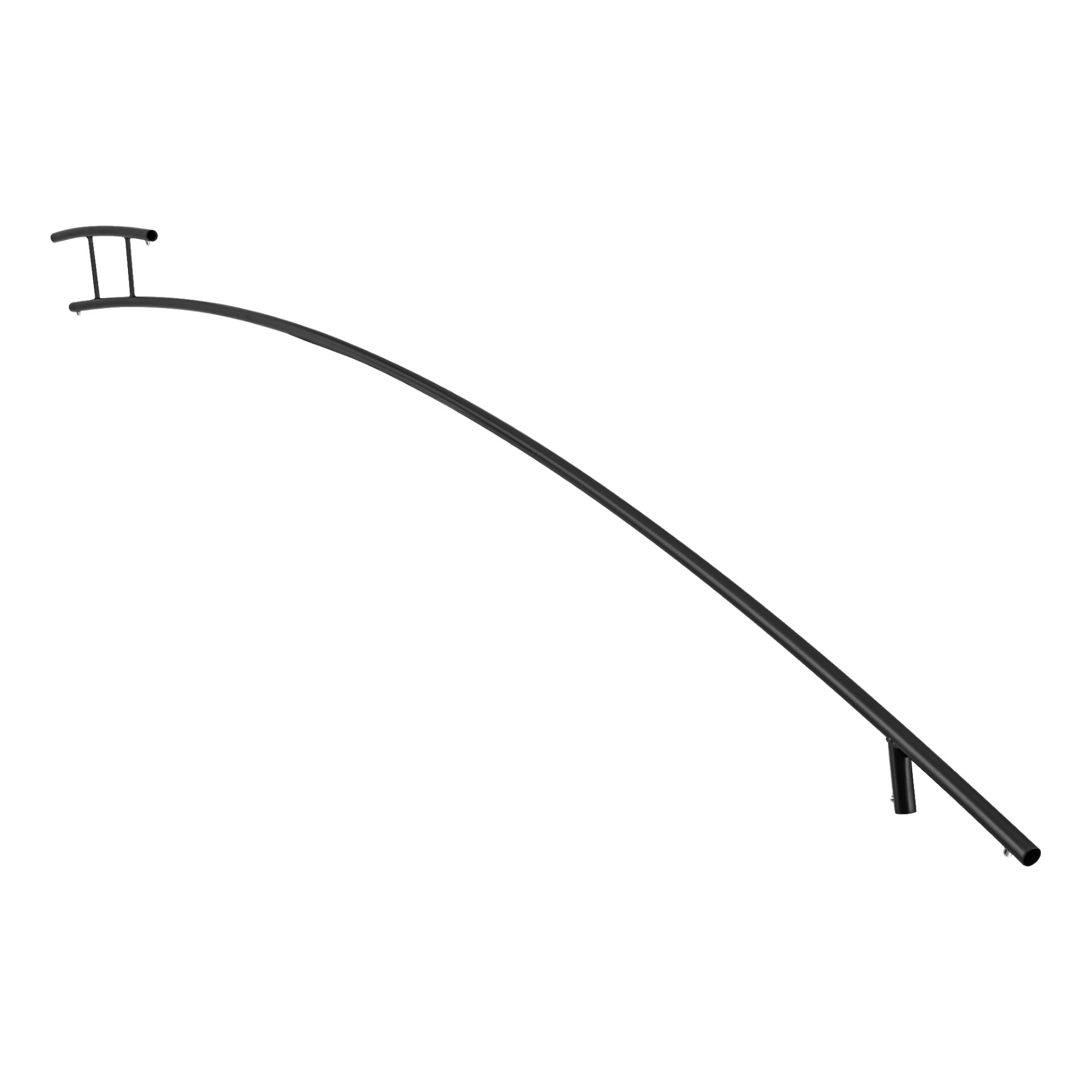 Lång, böjd svart metallräcke med dubbla stolpar i varje ände, designad för användning i trappor eller ramper.