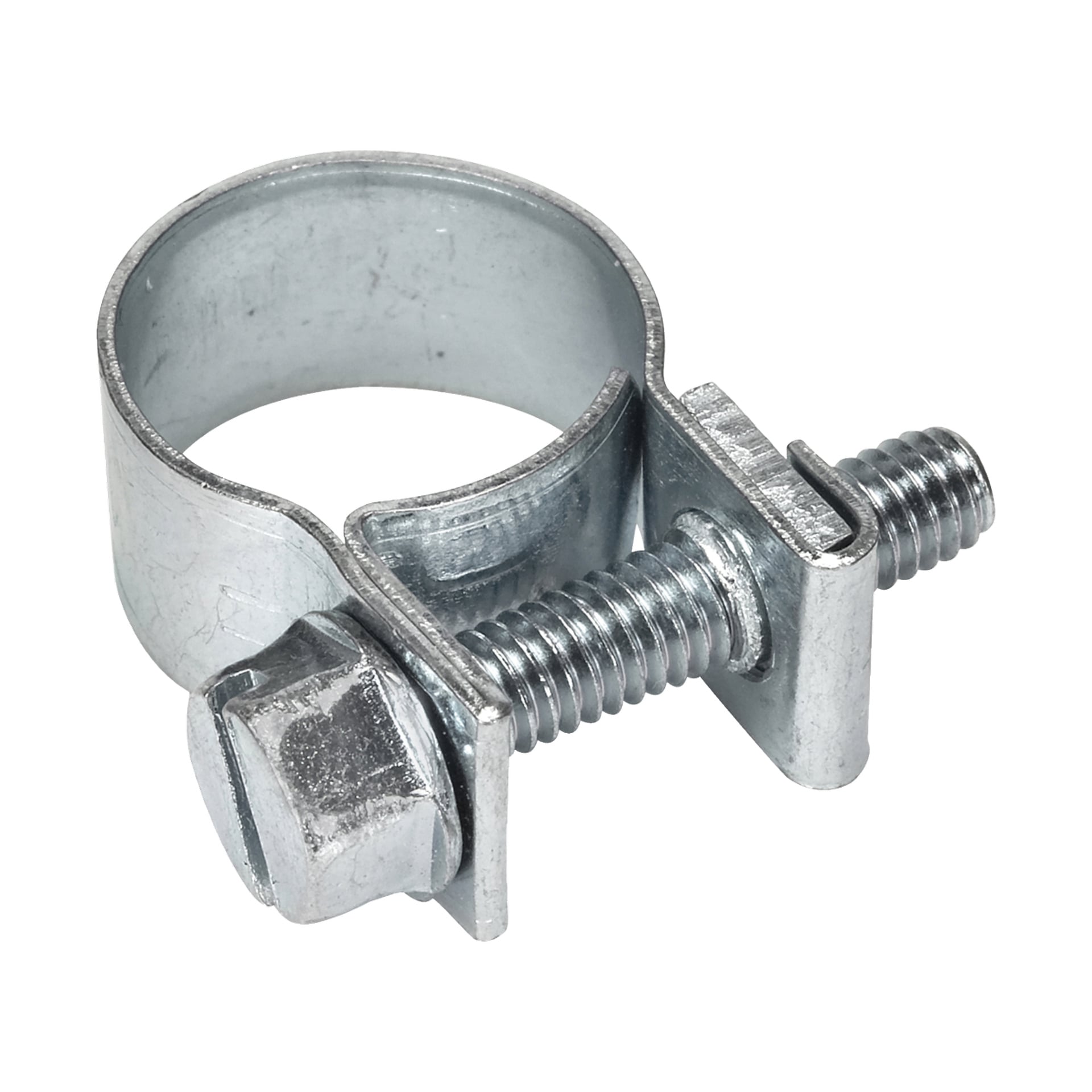 Lähikuvassa Hard Head Hose Clips Mini 5 -pakkauksesta näkyy hopeisia metallipuristimia ruuvimekanismeineen, jotka on suunniteltu letkujen kiinnittämiseen liittimiin. Tuote on selkeästi esillä.