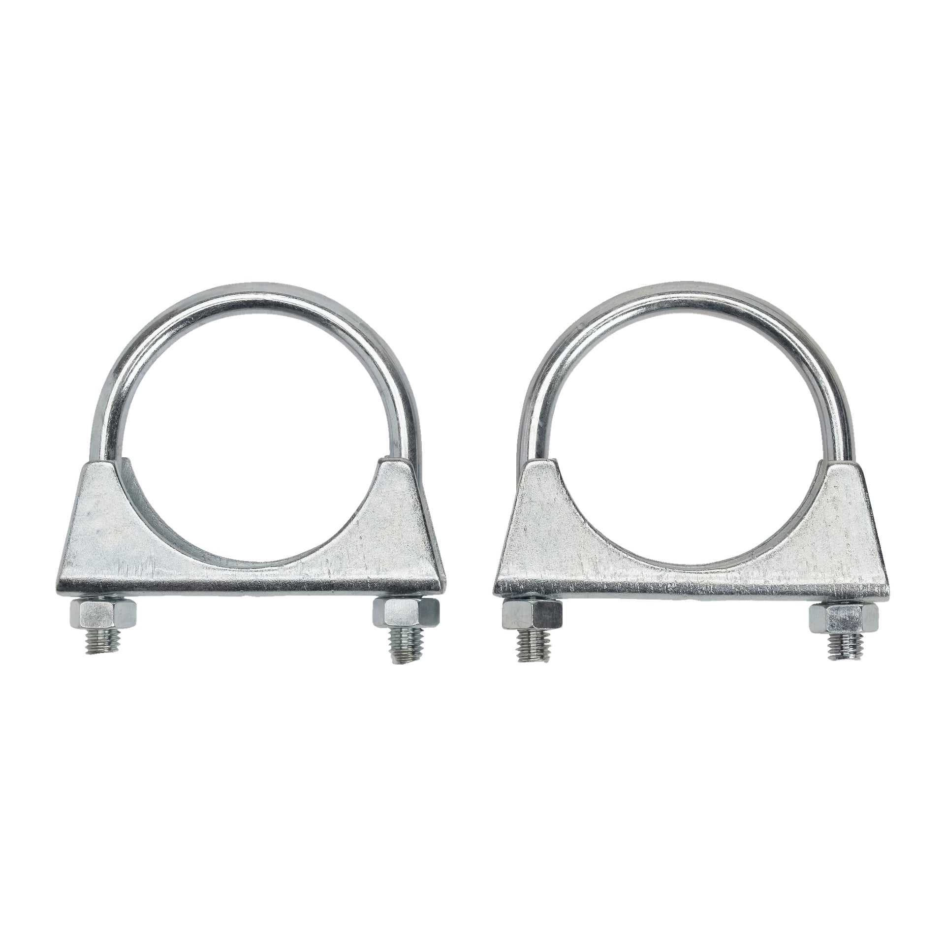 Två Hamron Pipe Clamps (2-pack) är placerade upprätt bredvid varandra, med gängade ändar pekande nedåt och varje klämma med muttrar och fästen.