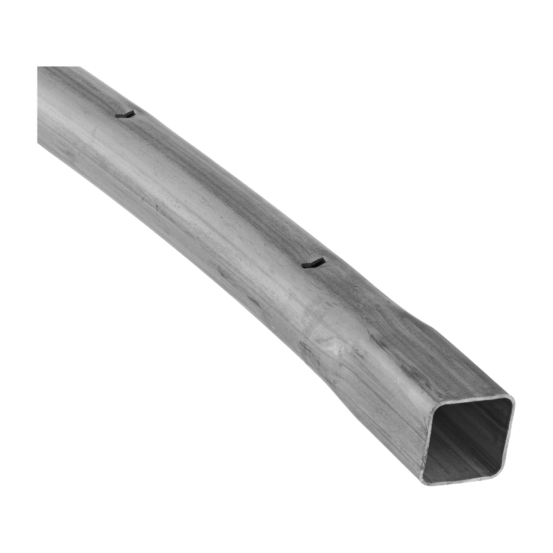 Närbild av Frame Tube-trampolinen med ett lätt böjt metallrör med jämnt fördelade hål längs längden.