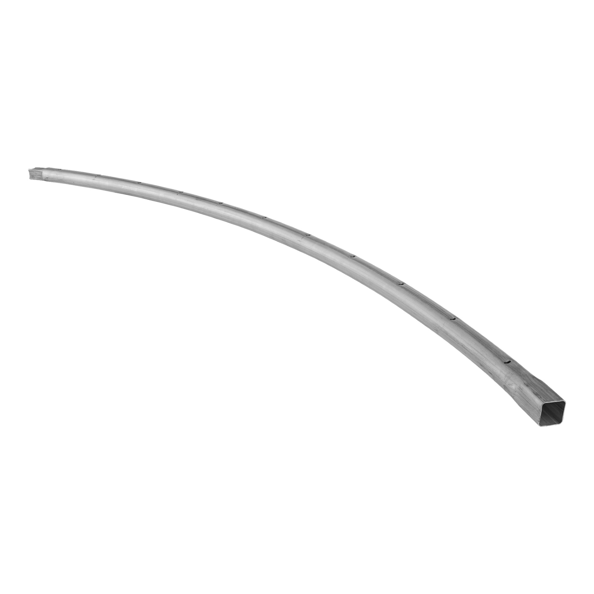 Frame Tube Trampoline har en enda böjd metallbalk med rektangulär profil och små, jämnt placerade flikar längs ena sidan.