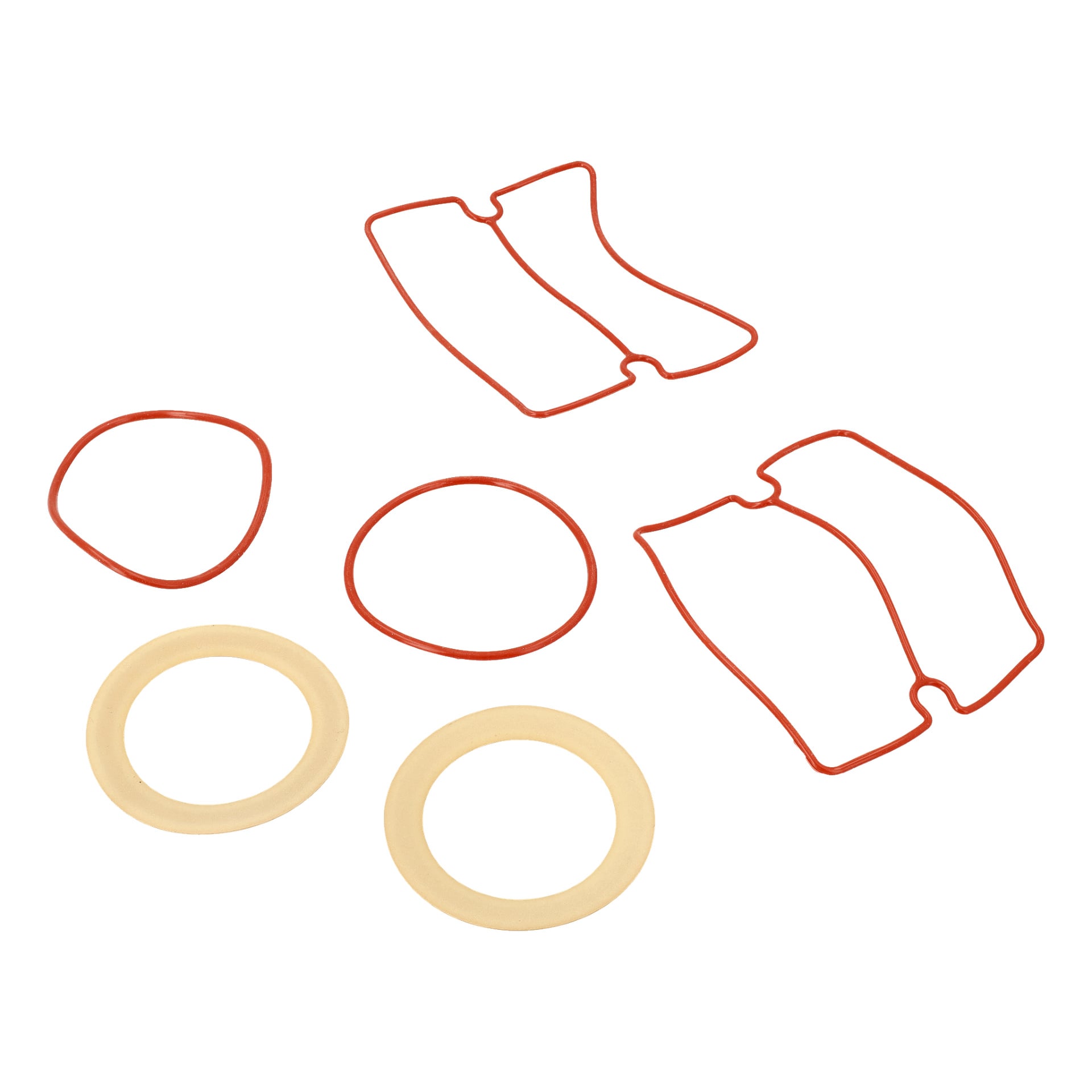 Packningskitets kompressor innehåller fyra röda, oregelbundna gummipackningar och två beige cirkulära gummipackningar.