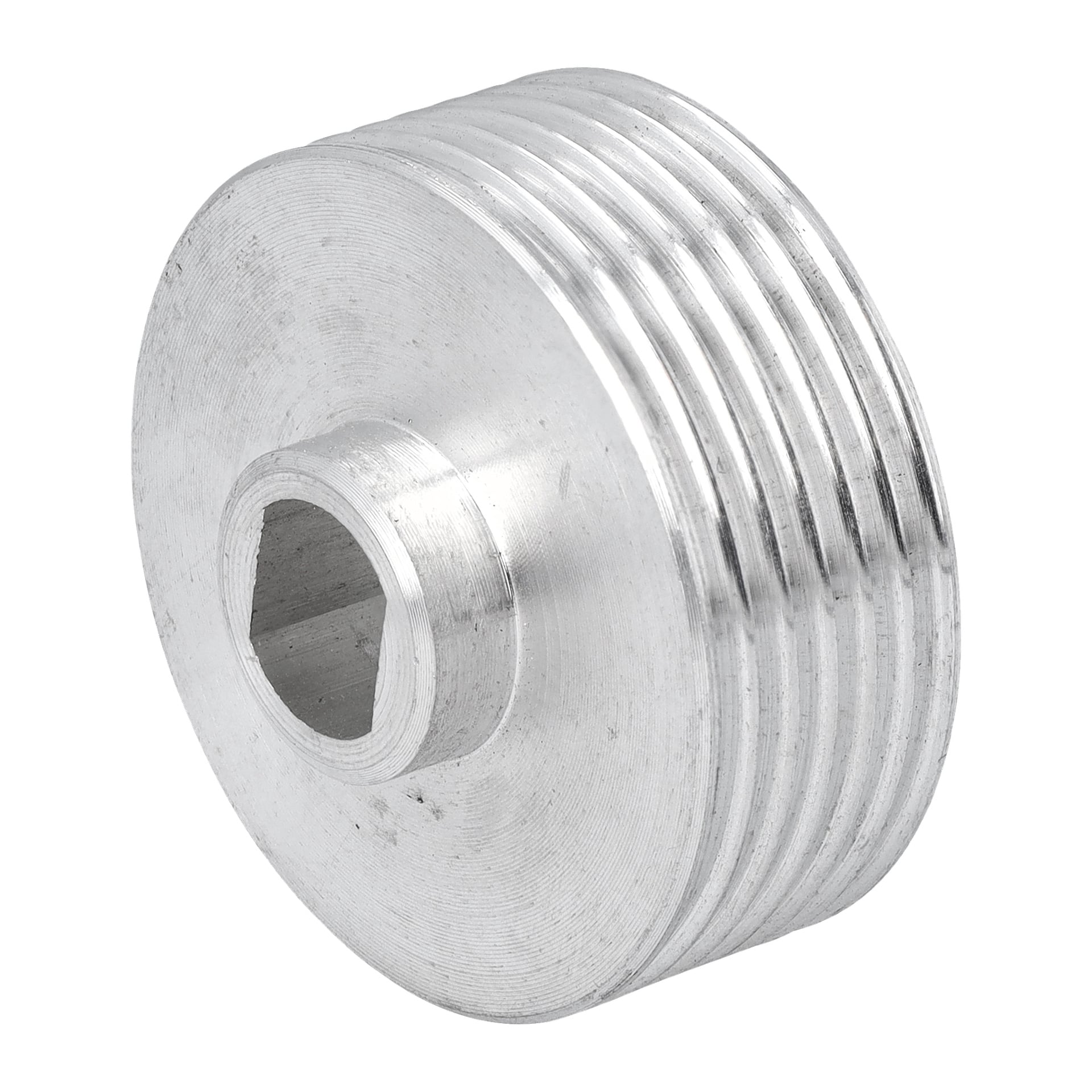 En stor cylindrisk remskivsåg/geringssåg med blank metallfinish, platt front, fem sidospår och en sexkantig mittöppning.