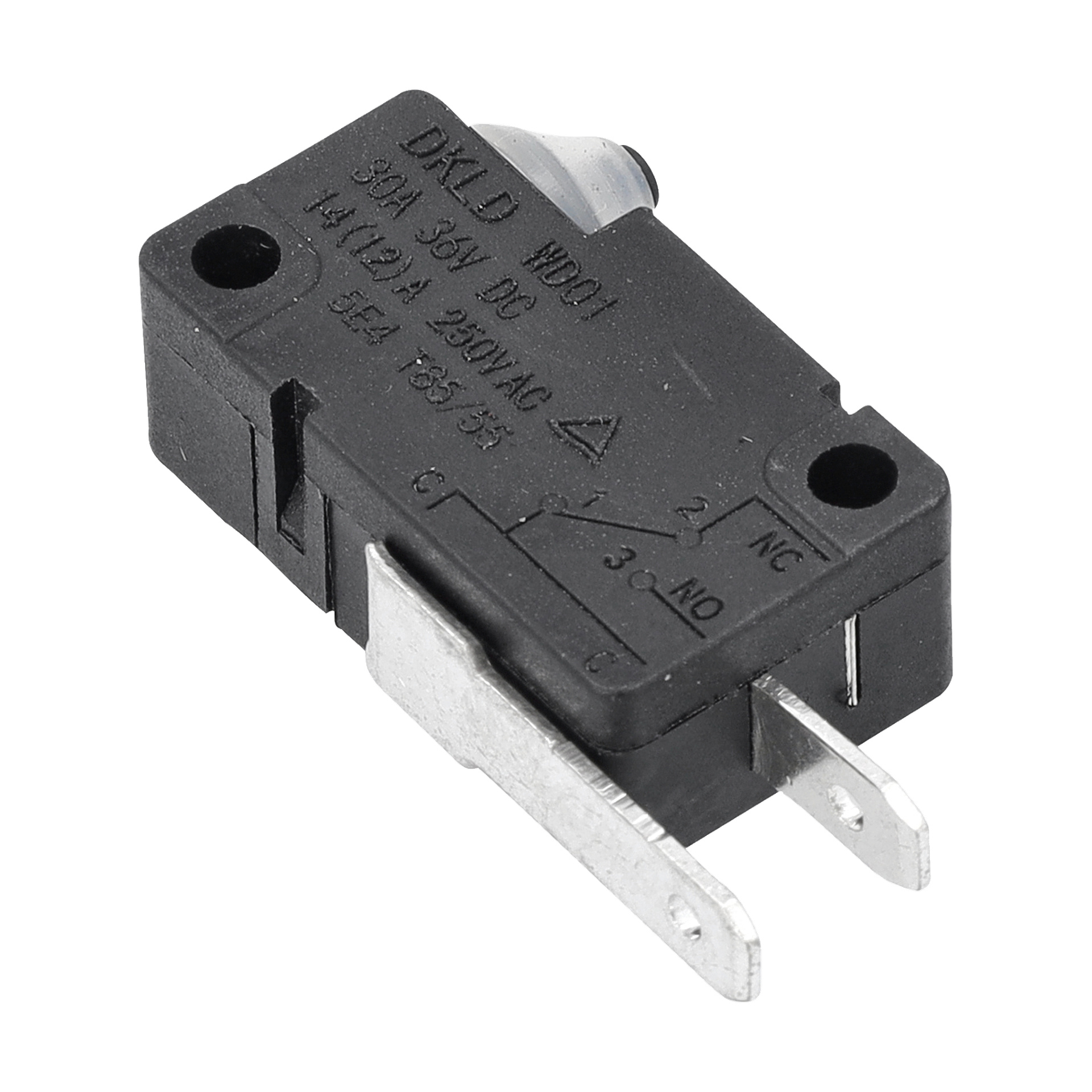 Black Power Switch F. 018517 med metallterminaler, monteringshål, en toppaktuator och tekniska specifikationer visade på ytan.
