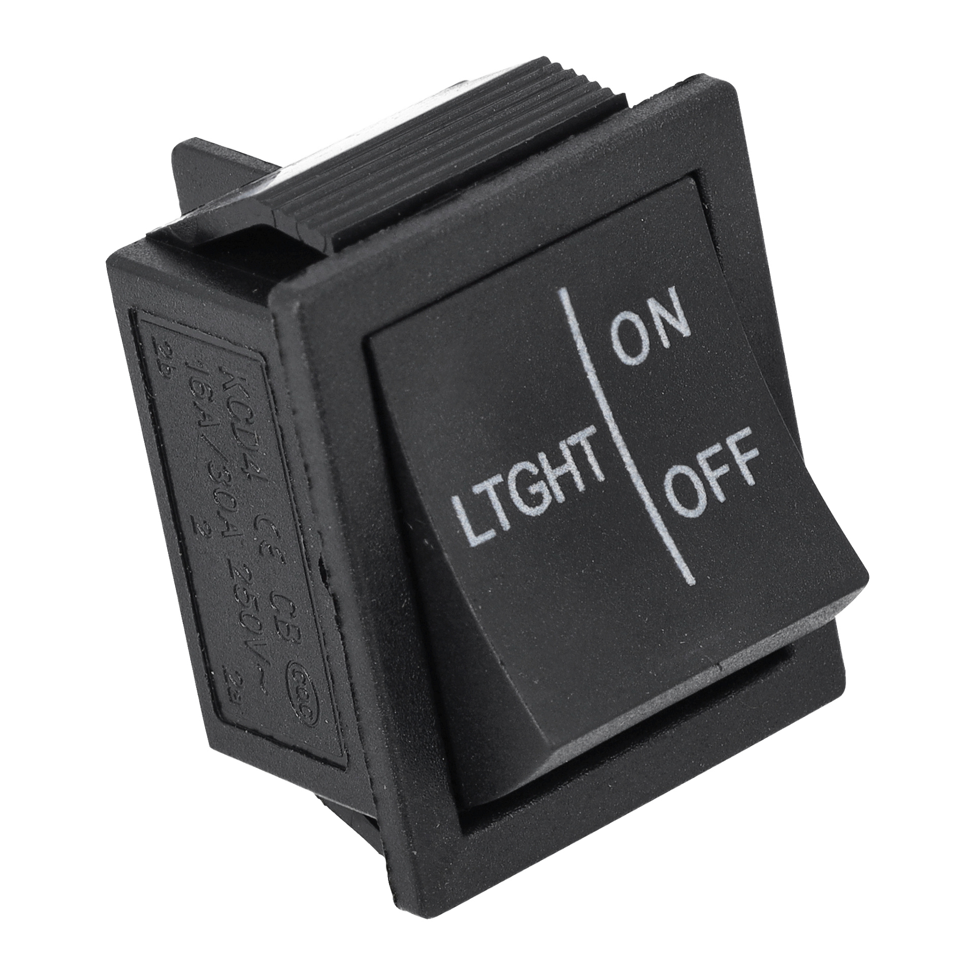 En svart rektangulär vippknapp märkt "LTGHT", med PÅ högst upp, AV nederst, med en linje som delar dem.