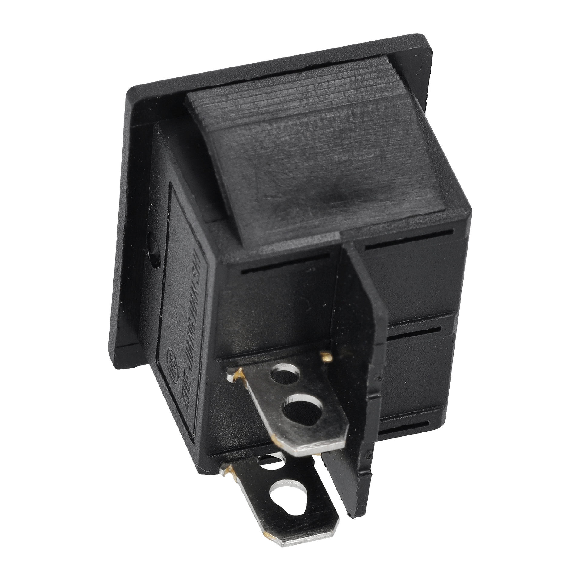 Närbild på Switch F. Light F. 023480, en svart plastvippbrytare med två metallstift.