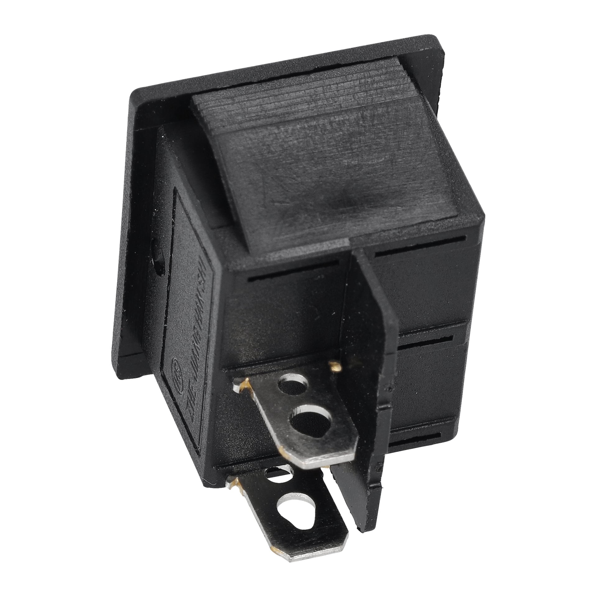 Närbild på Switch F. Light F. 023480, en svart plastvippbrytare med två metallstift.