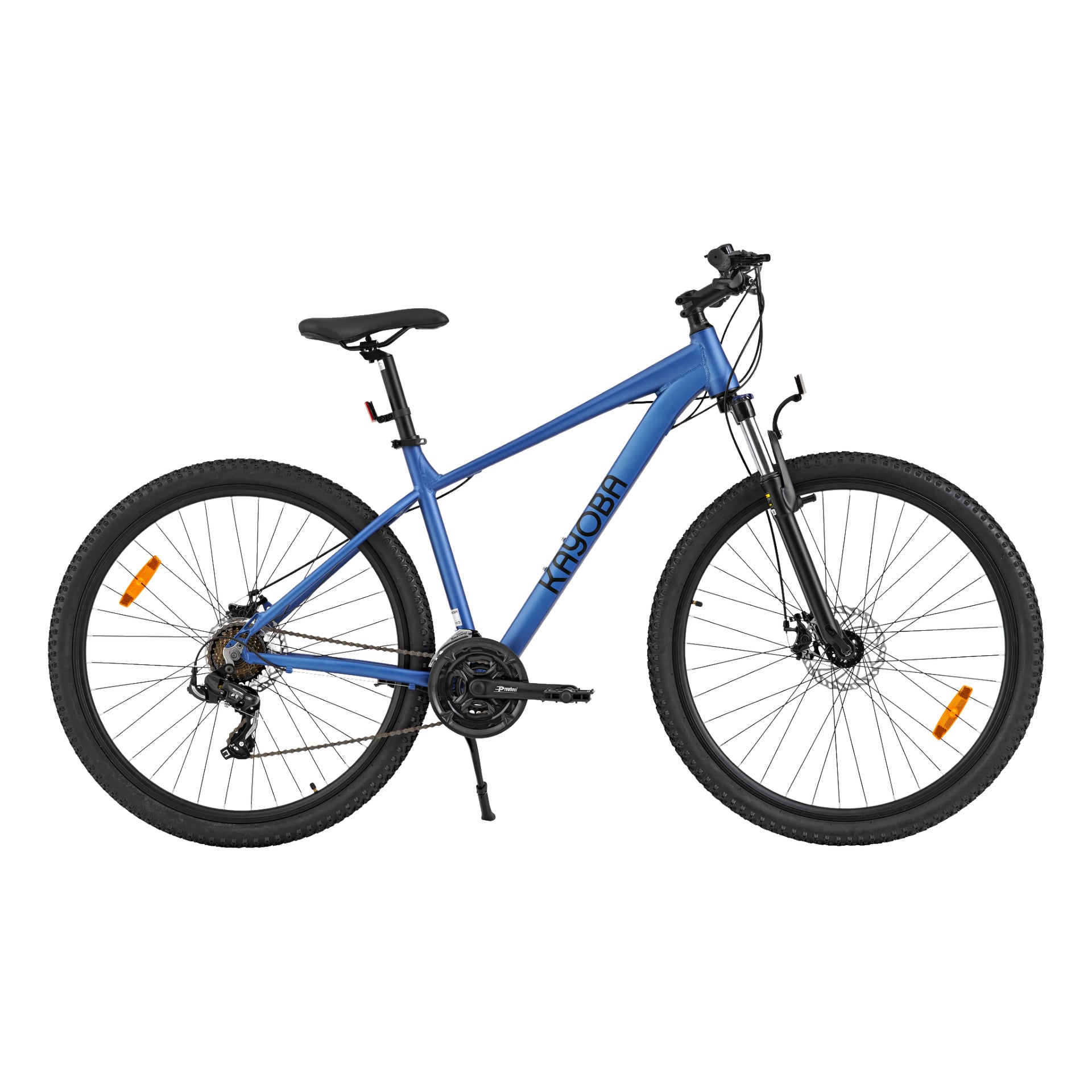 En blå Walder mountainbike med framfjädring, svart sadel, svarta styren, skivbromsar och knotiga däck. Ramen visar varumärket Kayoba i svarta bokstäver.