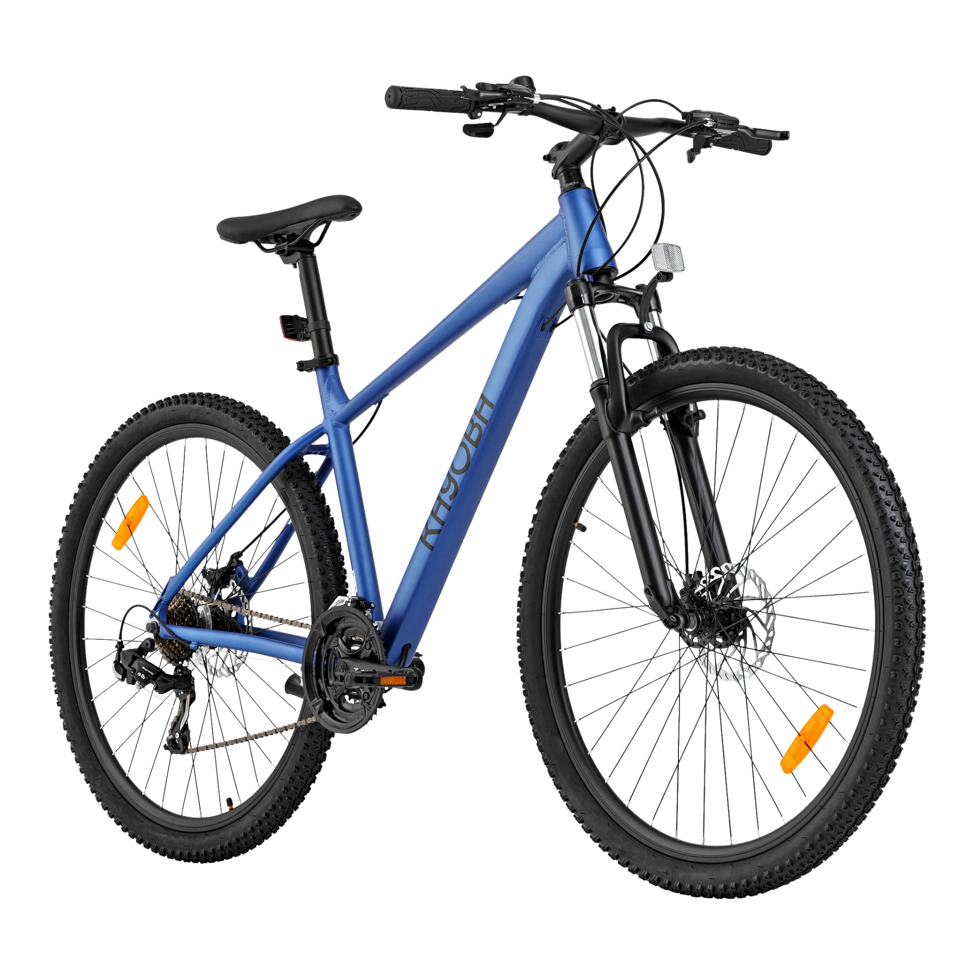 En Kayoba Walder mountainbike med blå ram visas. Den inkluderar framfjädring, kraftiga knoppiga däck, skivbromsar, orange reflektorer på hjulen, svart säte och raka styren.