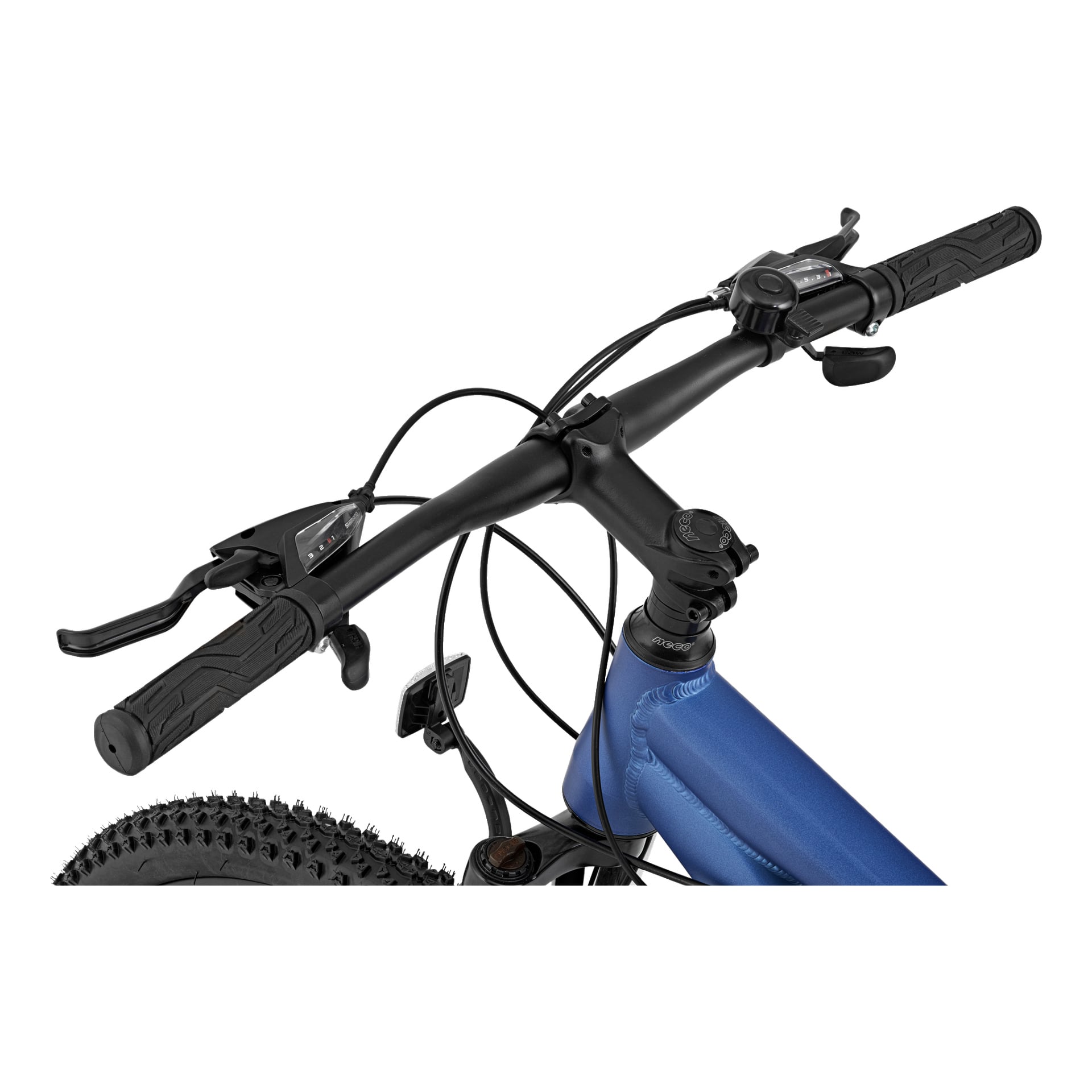 Detaljerad närbild av Kayoba Mountain Bike Walder, som visar dess blå styren med bromsspakar, växelspakar och exponerade kablar. En del av framdäckets mönster och en del av cykelramen syns under styret.