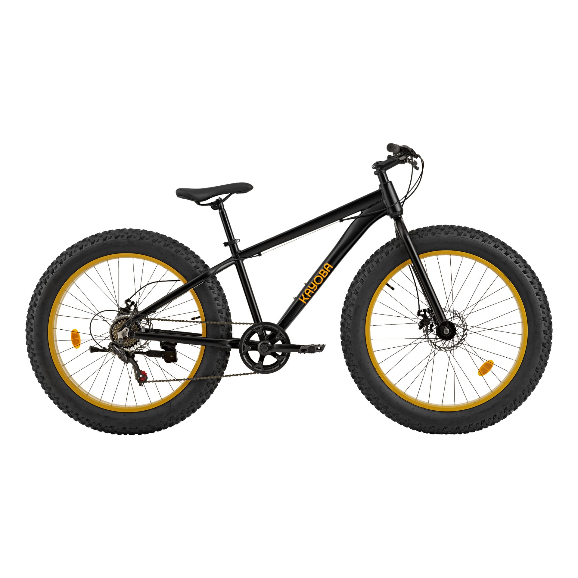 Ein Kayoba Fatbike wird von der Seite präsentiert, mit einem schwarzen Rahmen, gelben Felgen, Scheibenbremsen und einem geraden Lenker. Das Wort "KRADDA" erscheint orange auf dem Rahmen.