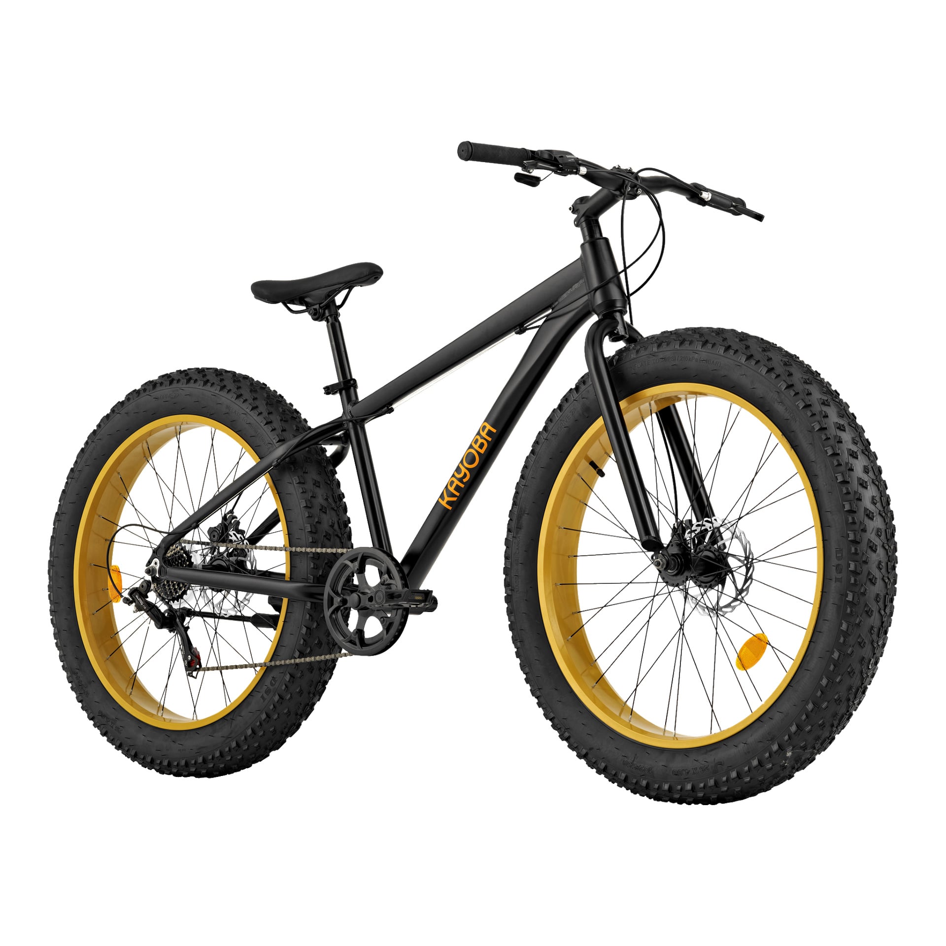 Ein Kayoba Fatbike mit mattschwarzem Rahmen, gelben Radfelgen, dicken Knob-Reifen, Scheibenbremsen und geradem Lenker ist schräg dargestellt.