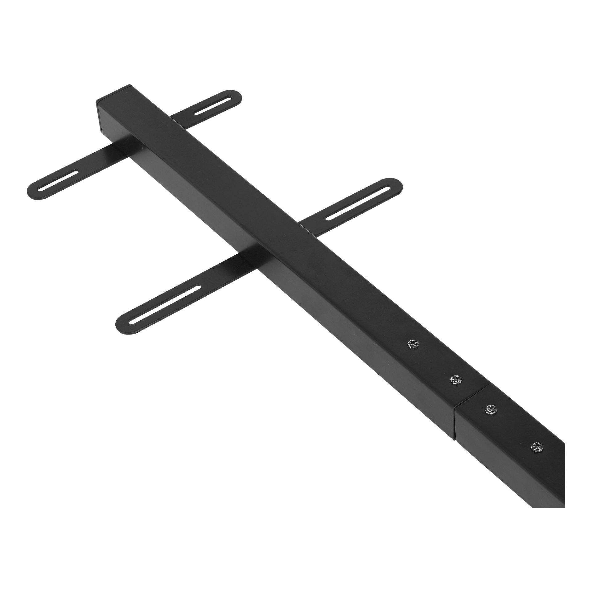 Ein mattschwarzer Hardhead Pole, der für einen Postfach entwickelt wurde, enthält vier Metallmontagehalterungen, die rechtwinklig nach außen führen. Mehrere Schrauben sind sichtbar, wo zwei Abschnitte der Hauptstange miteinander verbunden sind.