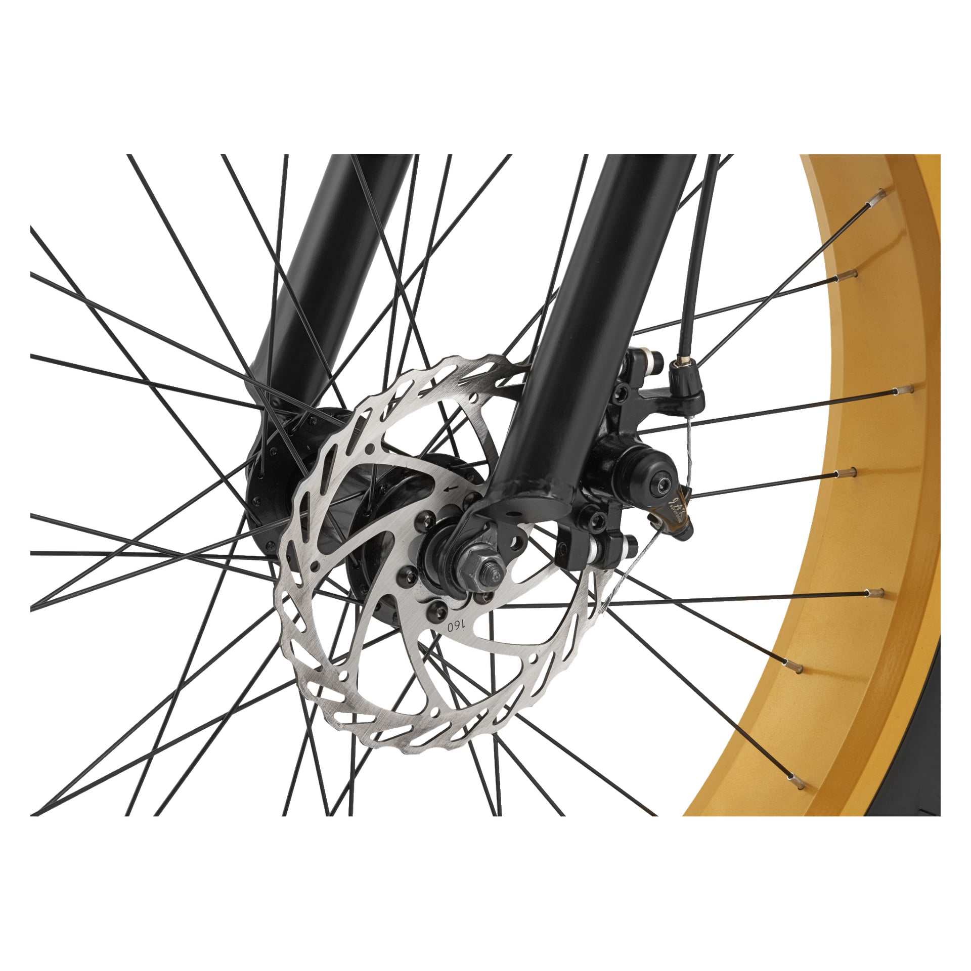 Detaillierte Ansicht des Vorderrads eines Kayoba Fatbikes, mit gelber Felge, schwarzen Speichen und einem Scheibenbremssystem mit sichtbarem Bremssättel und Rotor, alles an einer schwarzen Gabel befestigt.