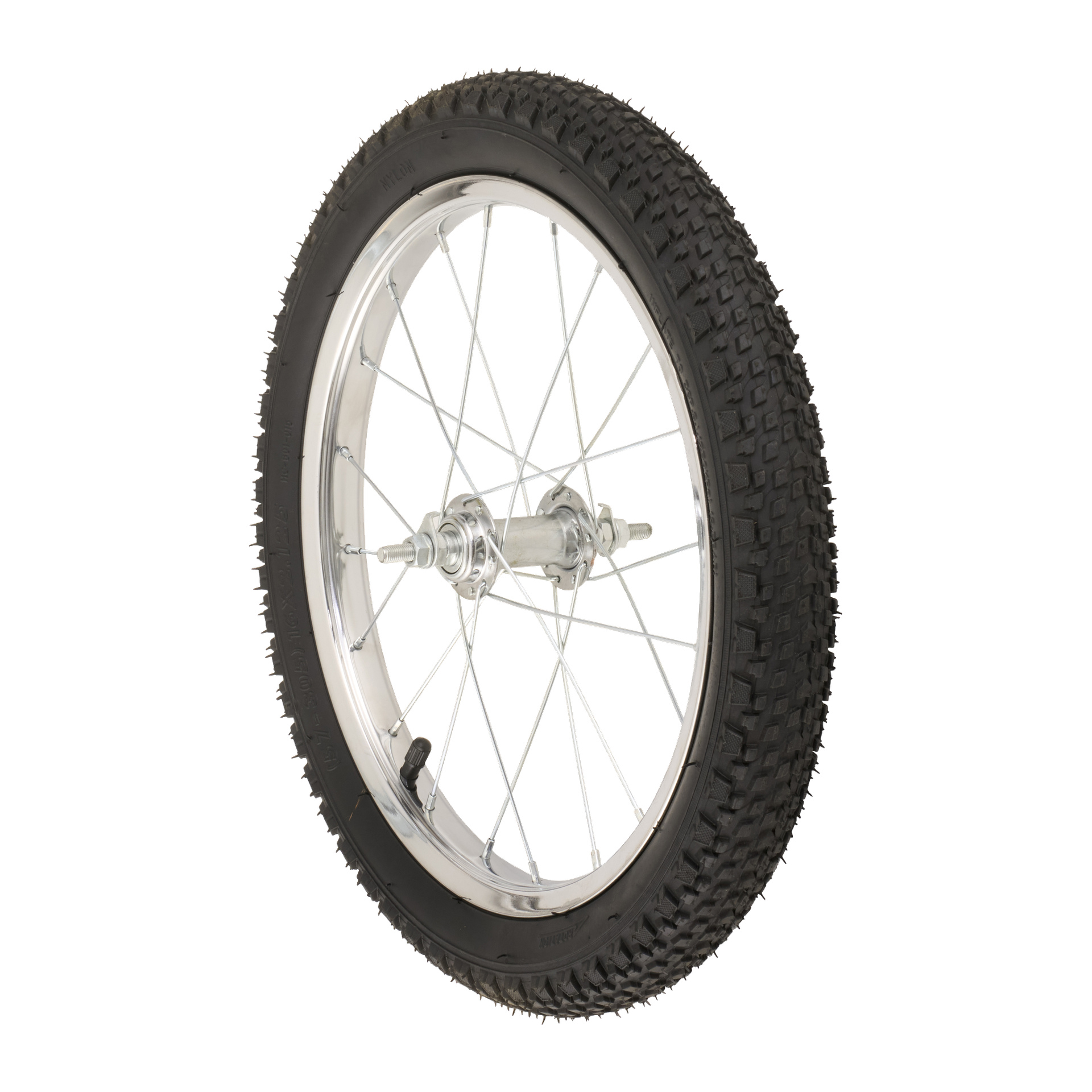 Närbild på en hjulförsedd cykelvagns enda hjul med ett svart knotigt däck, silverekrar och ett silvernav.