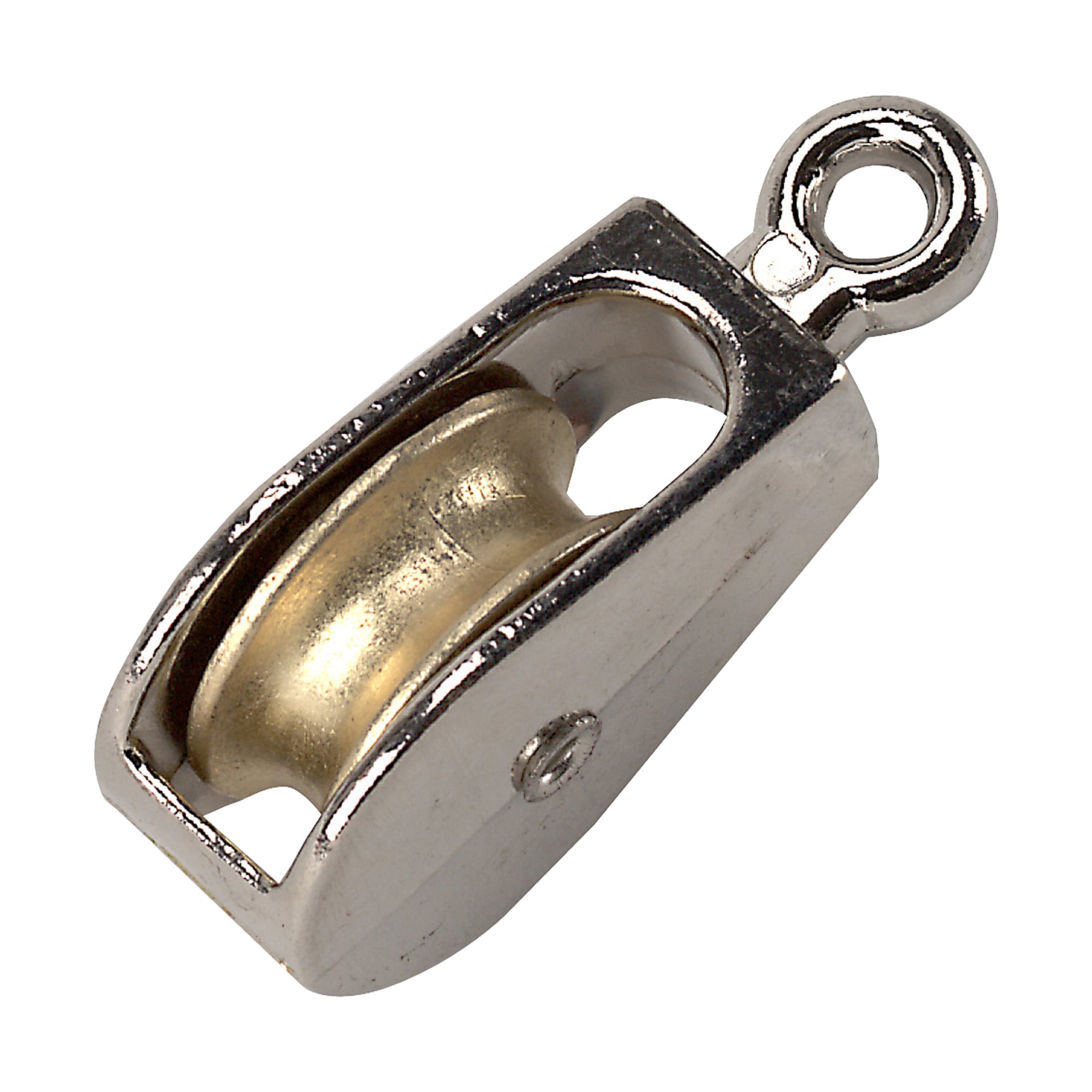 En kompakt Hamron Mini-blokk med metallkropp, messinghjul og festeløkke i den ene enden, designet for å styre tau eller kabel.