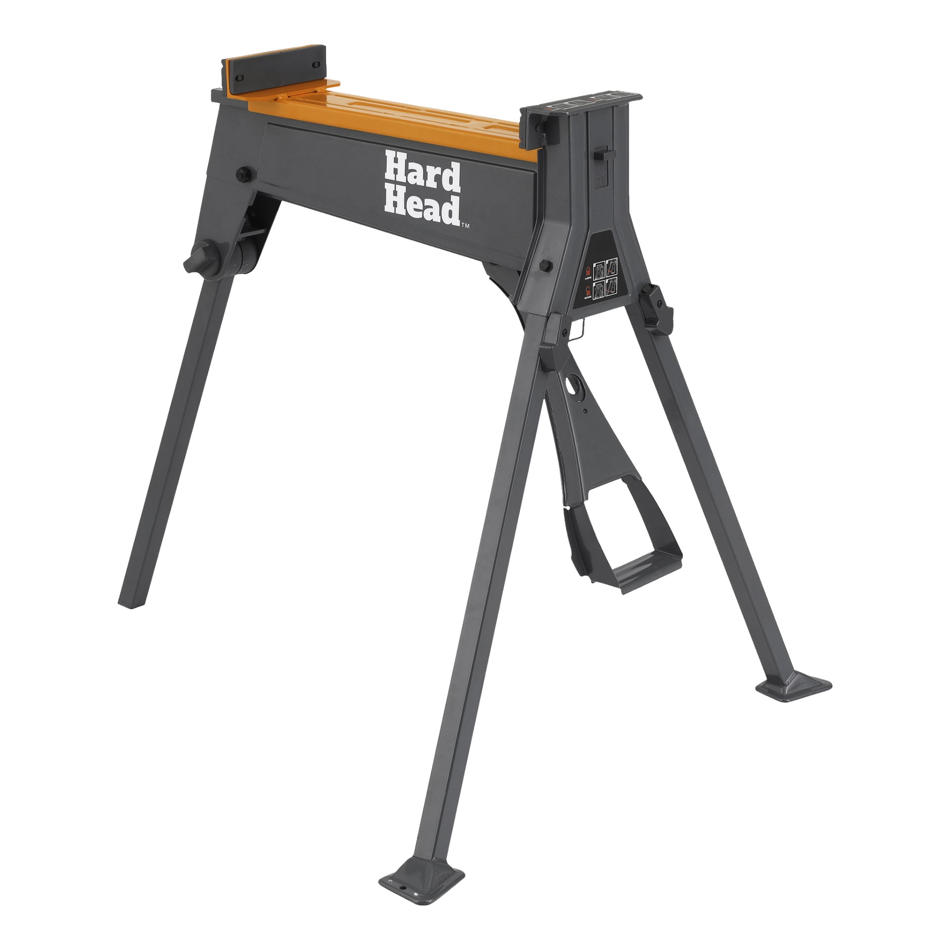 "Hard Head Work bench with clamp" to metalowa ławka stojąca na trzech nogach, z płaską pomarańczową powierzchnią i czarnym pedałem nóżnym u podstawy, przeznaczonym do użycia.