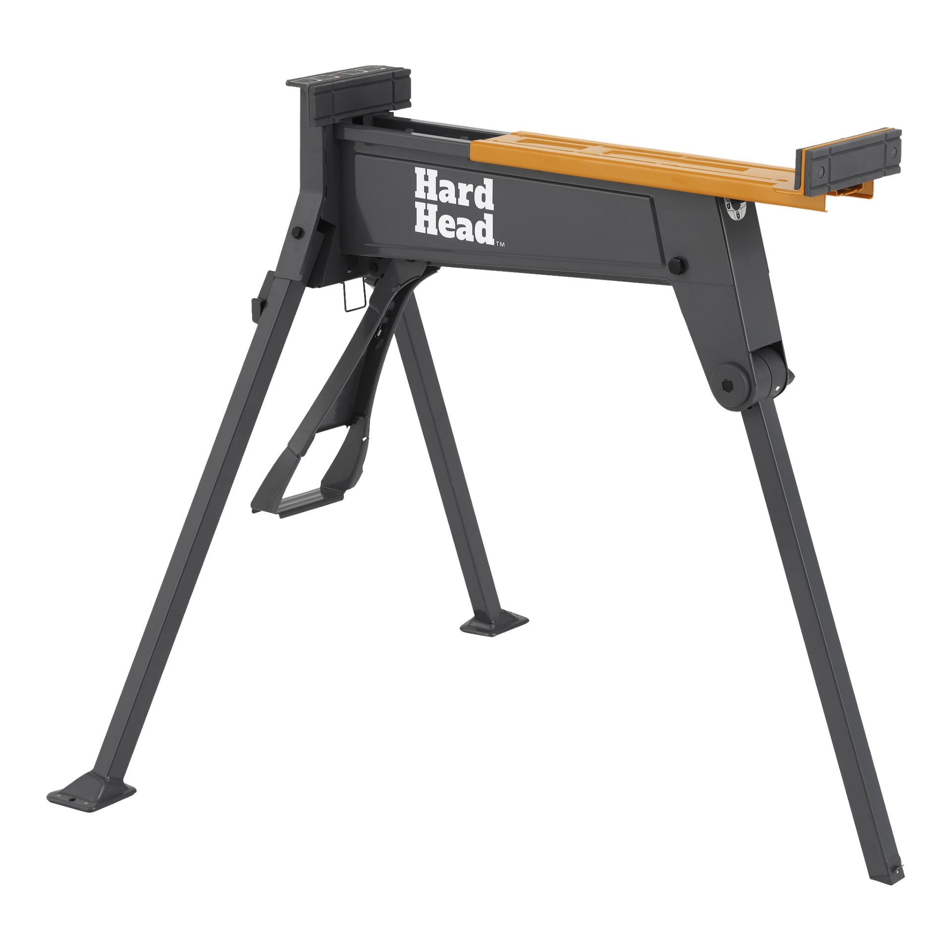 "Hard Head Work bench with clamp" to czarno-pomarańczowy, składany koń z trzema skośnymi nogami i górnym zaciskiem, zaprojektowany do podtrzymywania materiałów do cięcia lub innych zadań.