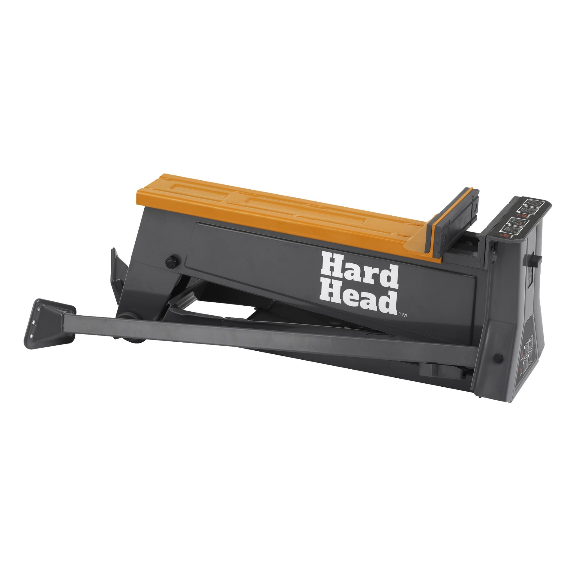 Czarno-pomarańczowy stół roboczy z zaciskiem od Hard Head, przedstawiający dźwignię i panel sterowania po jednej stronie. Widoczny jest napis "Hard Head".