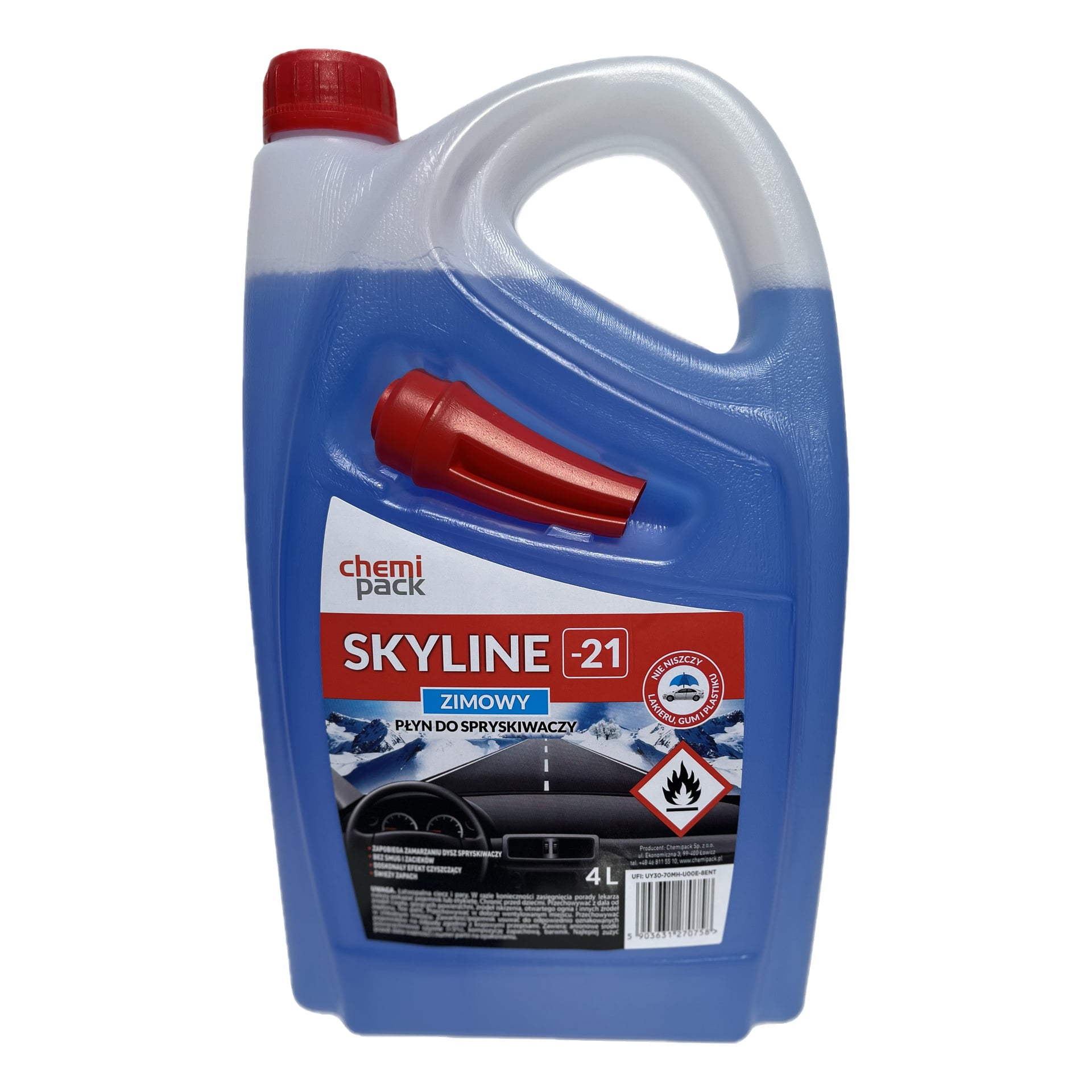 Niebieska plastikowa pojemnica Chemi Pack Washer Fluid Winter Skyline z czerwoną nakrętką, na której widniała etykieta z informacjami o produktie, symbolami bezpieczeństwa oraz zdjęciem deski rozdzielczej samochodu.