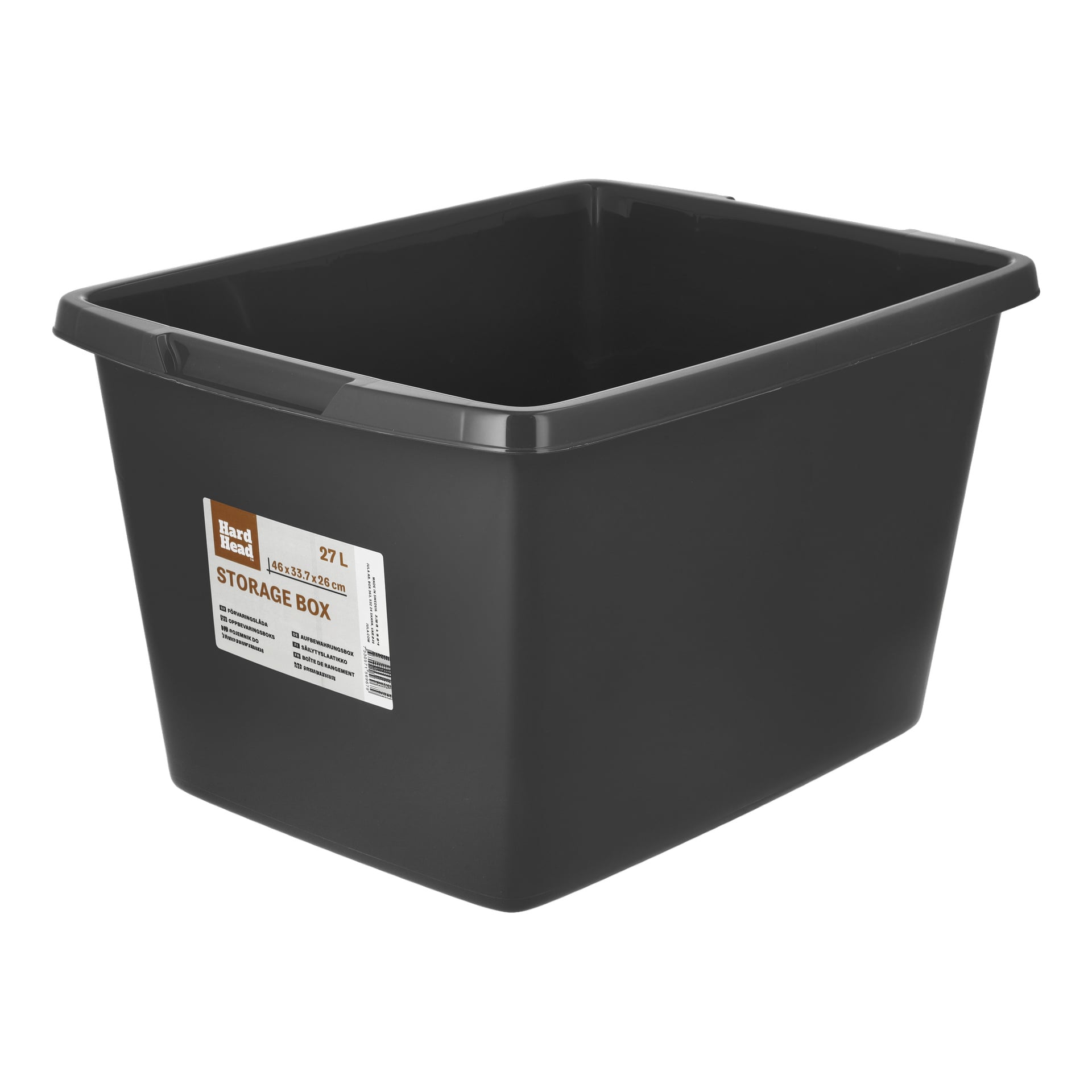 En svart plast Hard Head Storage Box med en kapasitet på 27 liter vises tom. Etiketten på forsiden viser Hard Head-merket sammen med størrelse og ekstra produktdetaljer.