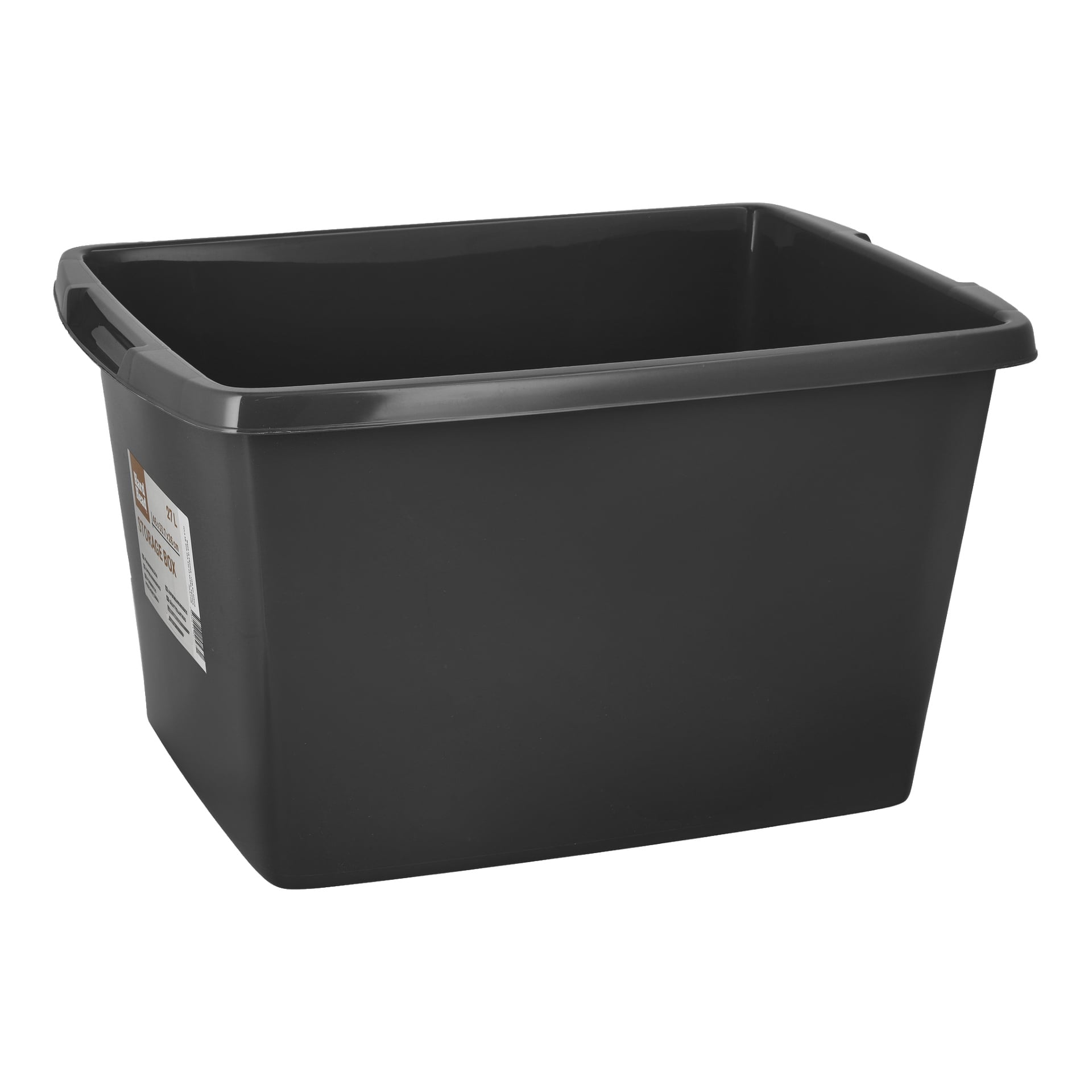 En romslig, rektangulær svart plastboks fra Hard Head med håndtak på hver side og en hvit og oransje etikett festet til den ene enden. Boksen er tom.