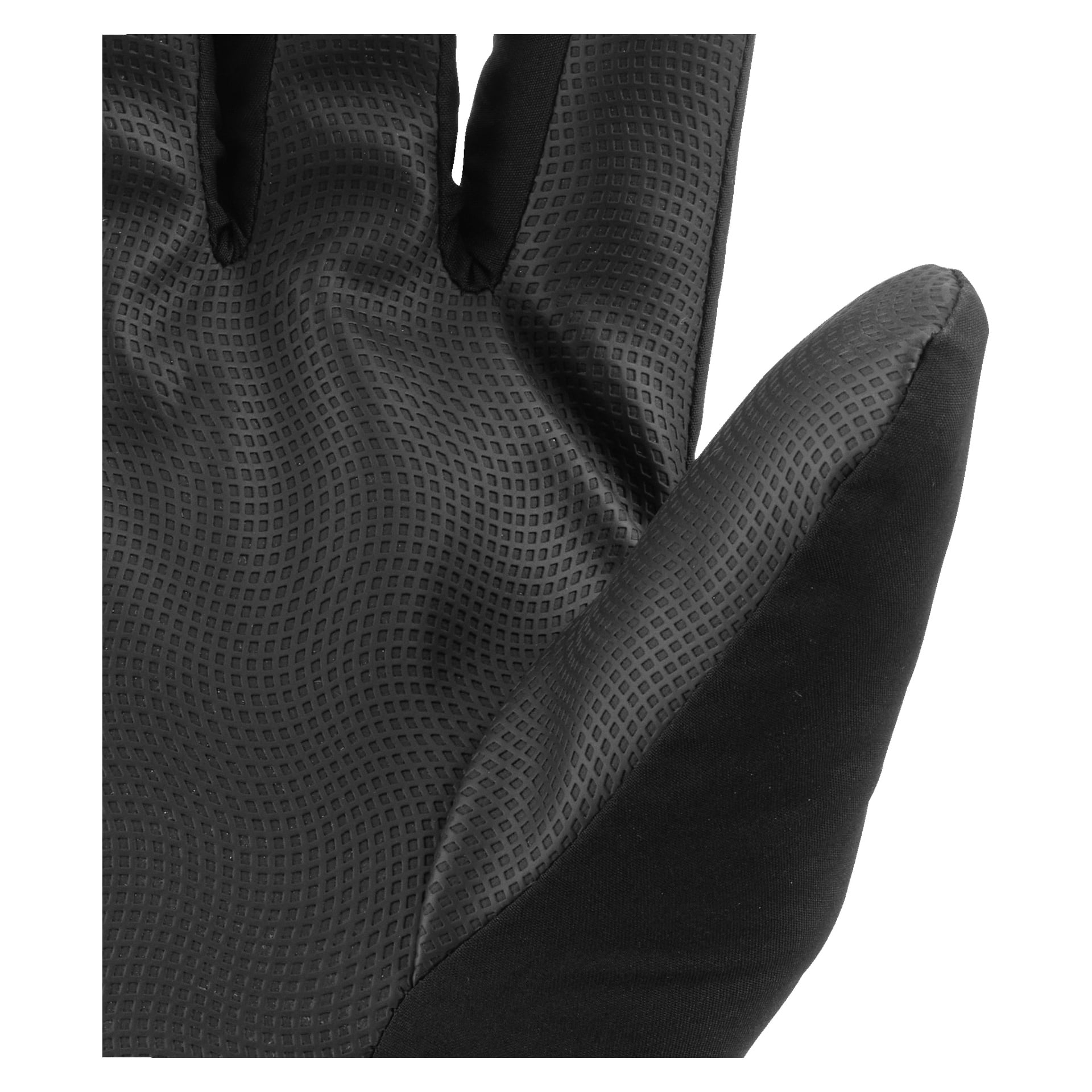 Nahaufnahme von schwarzen Kayoba Outdoor Softshell-Handschuhen, die einen rasterartigen, strukturierten Griff an den Handflächen und inneren Fingern zeigen, sowie glattes Material entlang der Seite des Daumens.