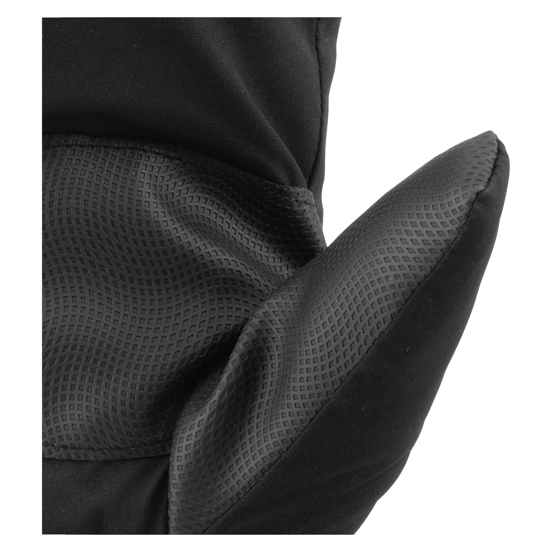 Detaljerad vy av Kayoba Outdoor Softshell-vantar i svart, som visar kombinationen av ett texturerat, gummibelagt område och en slät, vadderad sektion. Framträdande sömmar framhäver hantverket och hållbarheten hos dessa utomhusvantar.