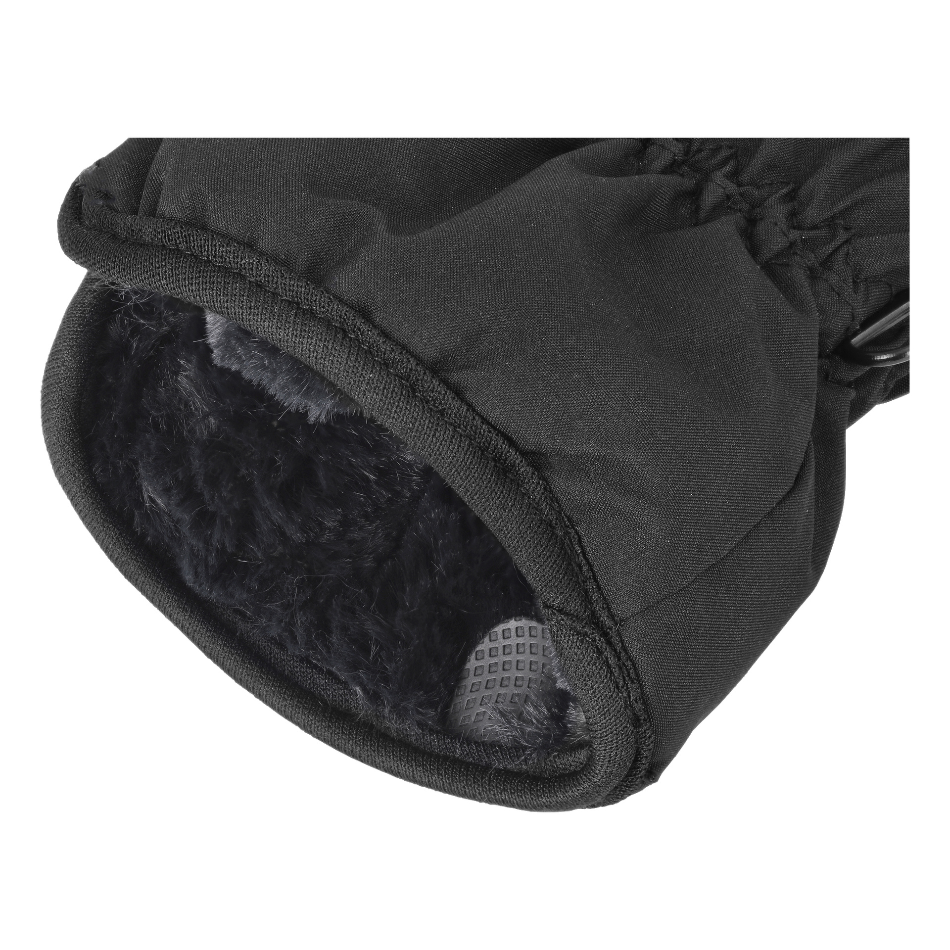 Eine detaillierte Ansicht eines Kayoba Outdoor Softshell Fäustlings zeigt das weiche, fleeceartige Innenfutter und einen Teil des strukturierten Griffs im Inneren. Das robuste schwarze Außenmaterial ist am Handgelenk sanft zusammengeknüllt.