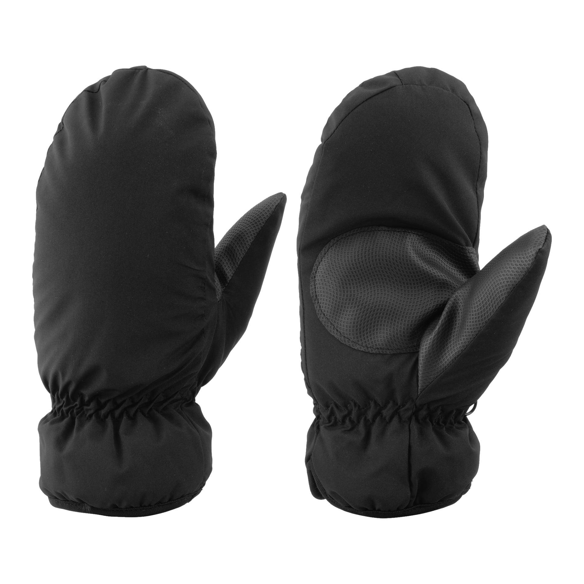 Svarta Kayoba Outdoor Softshell-vantar med elastiska handleder och texturerade handflator, visade med ena vanten vänd mot handflatan uppåt och den andra bakåt för att visa deras design och material.