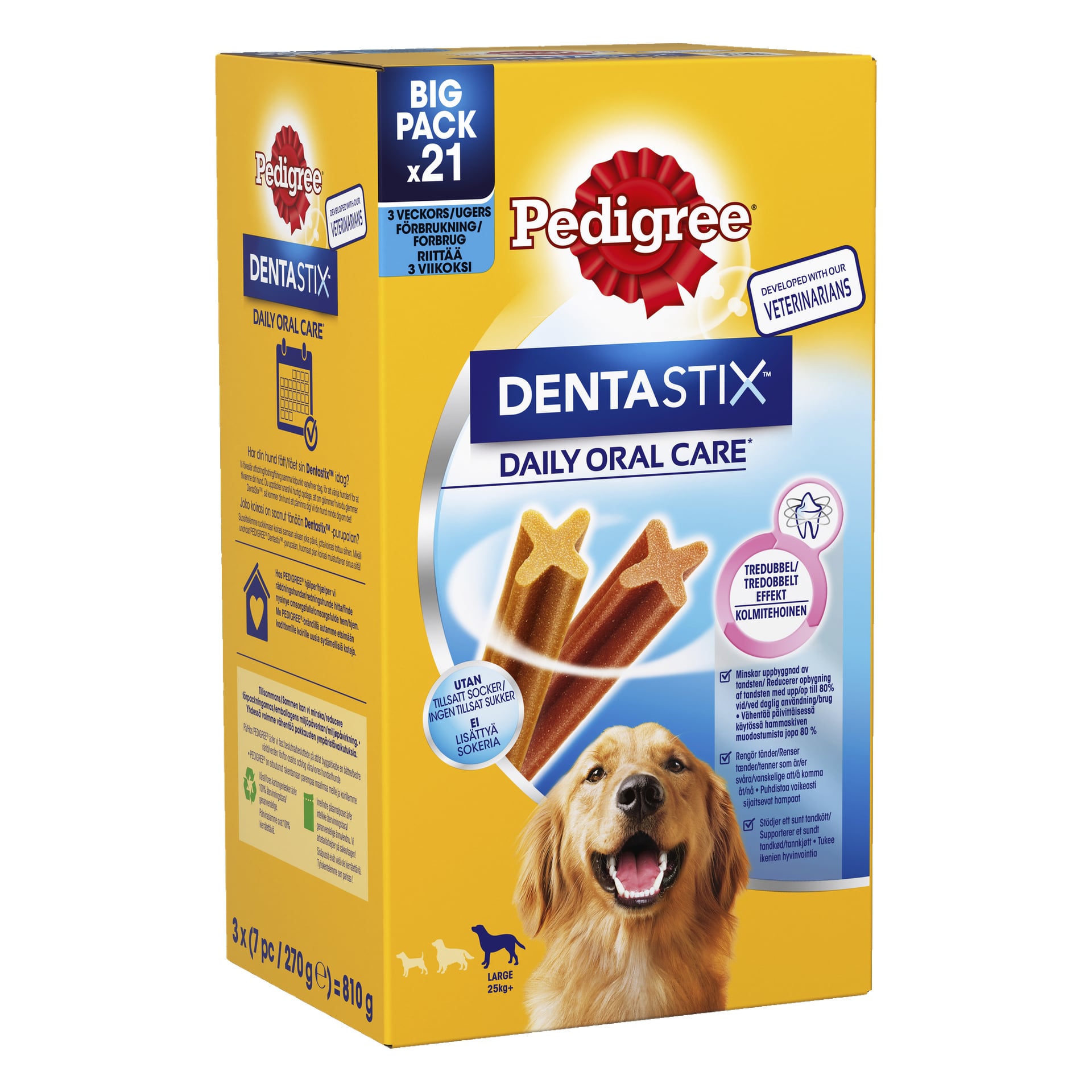 En gul Dentastix Chewing Sticks 21-pack låda visar en glad hund, tre godbitar och produktinformation. Framsidan betonar "Daglig munvård", "Big Pack x21" och nämner utveckling med veterinärer.