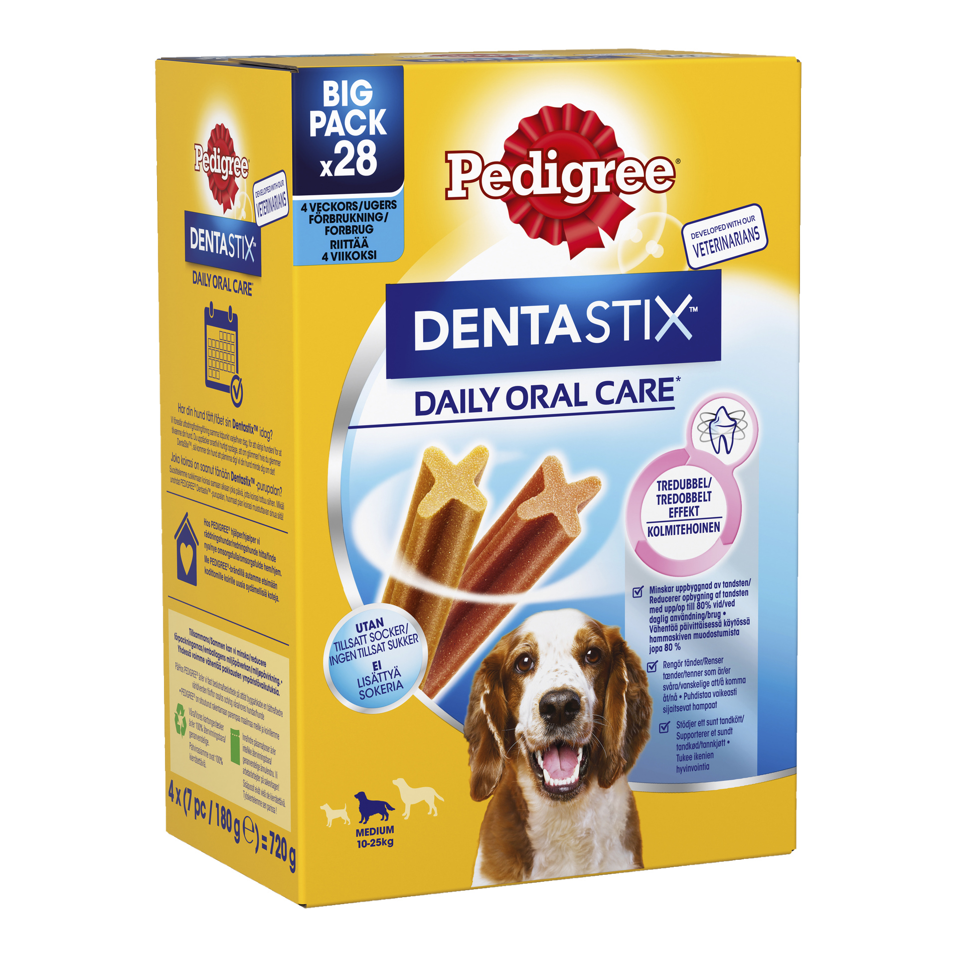En 28-pack låda med Dentastix Chewing Sticks för medelstora hundar, med två godisar, produktinformation och en bild på en hund på framsidan. Förpackningen visar att den innehåller 28 pinnar för fyra veckors användning.