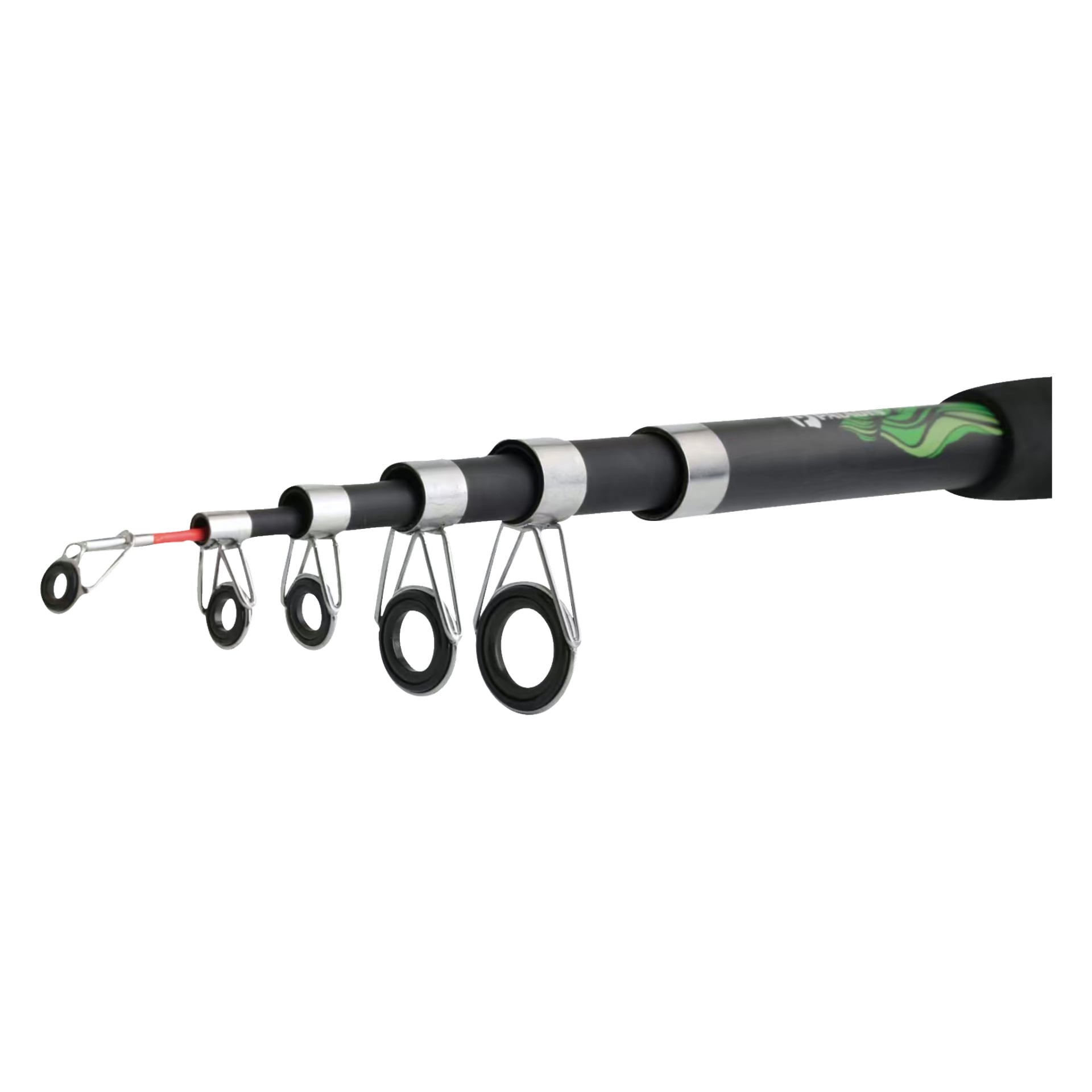 Kayoba Fishing Reel Set visas på nära håll med sitt teleskopspö fullt utfällt, med flera metalllinor och ett svart handtag med en grön accent vid greppet.