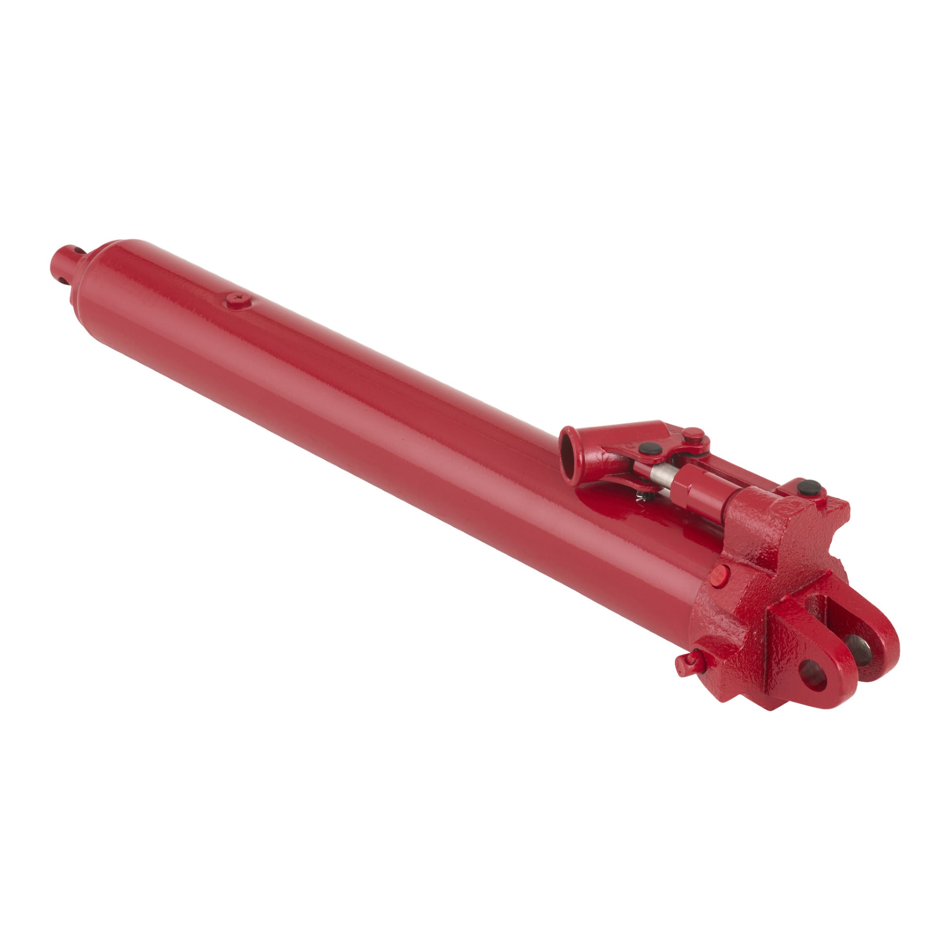 Hydra kolvverkstadskran med en röd hydraulisk cylinder, clevis-fäste i ena änden och en port i motsatt ände.