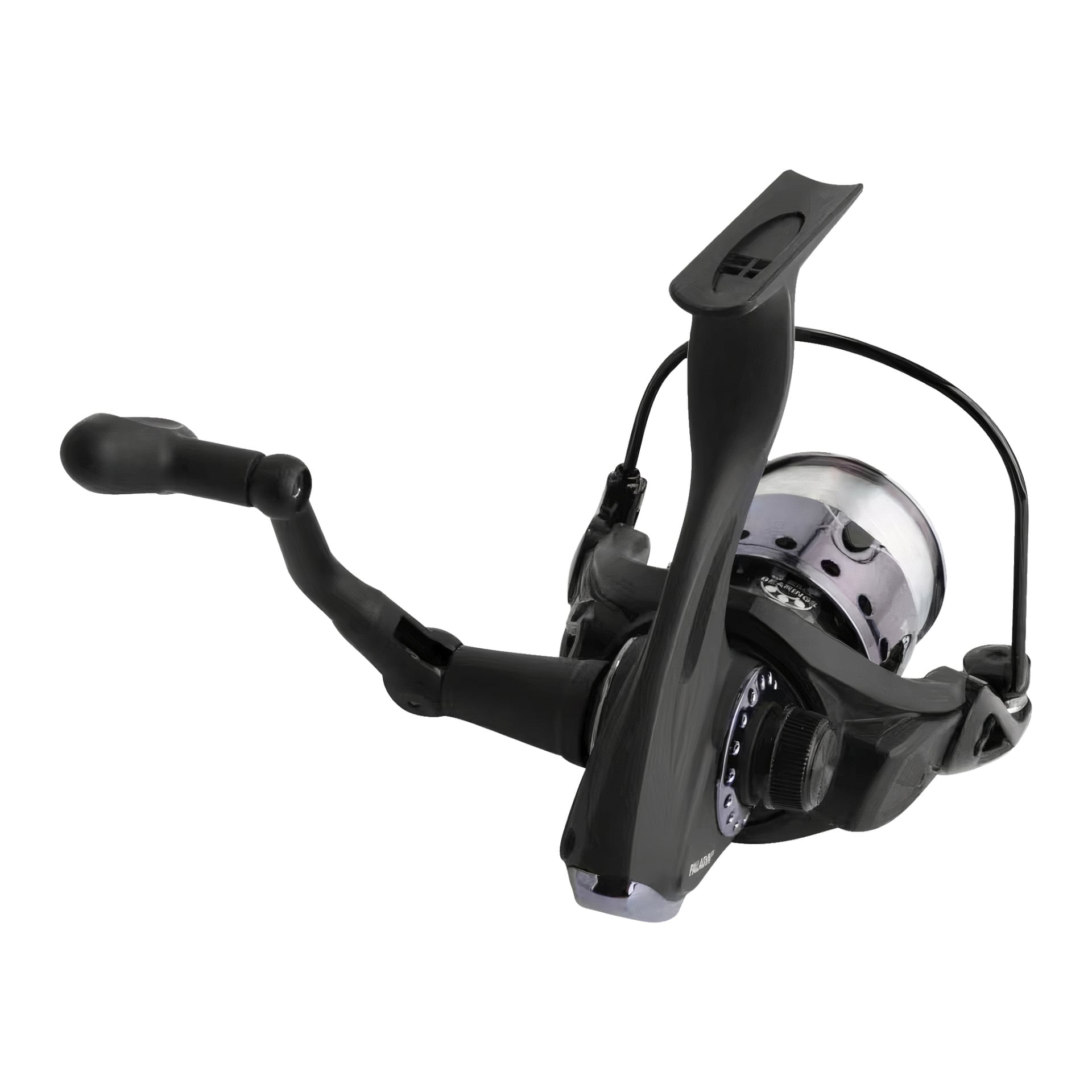 En närbild av Kayoba Fishing Reel Set framhäver dess svarta kropp, metallrull, ergonomiska handtag och justeringsratt.