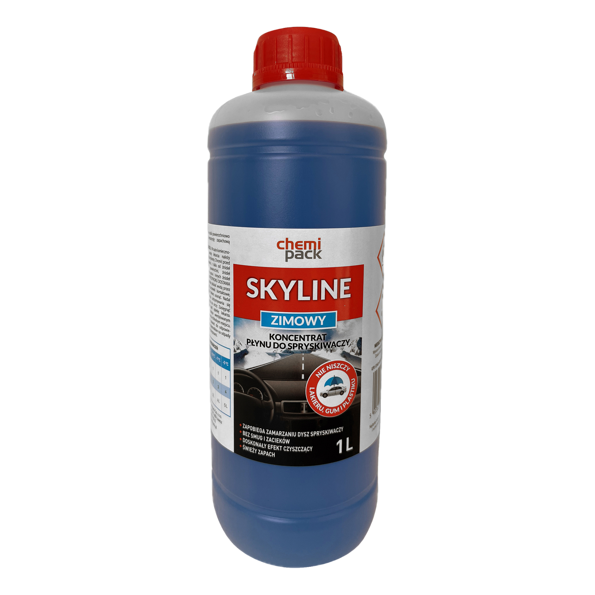 Butelka 1-litrowego Chemi Pack Concentrated Wiper Fluid Winter Skyline zawierająca niebieski płyn, z etykietą z przodu szczegółami cech i zalet produktu.