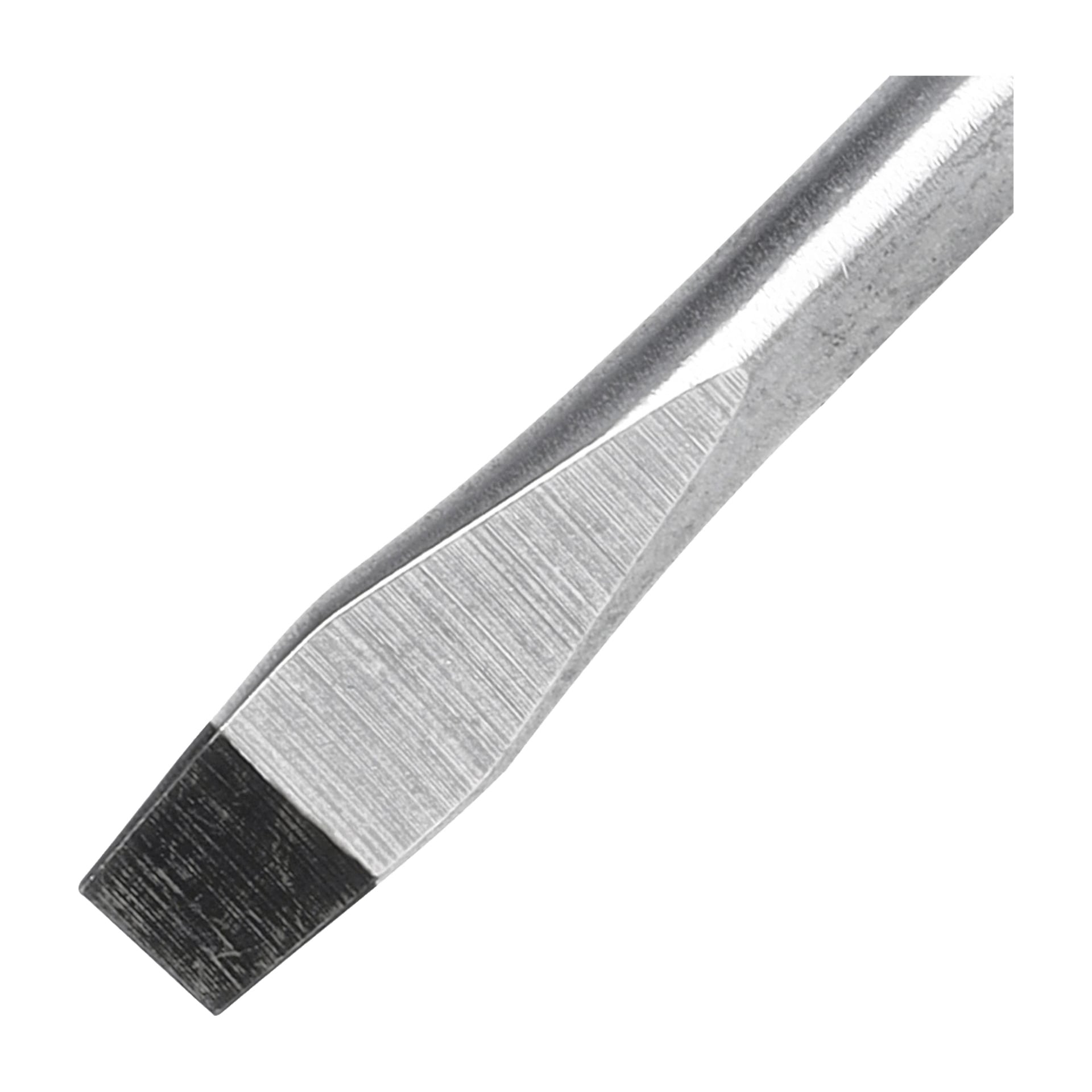 Nahaufnahme des Meec Tools Schlitzschraubendrehers, der sich auf die Flachkopfspitze und einen Teil der Metallwelle konzentriert.