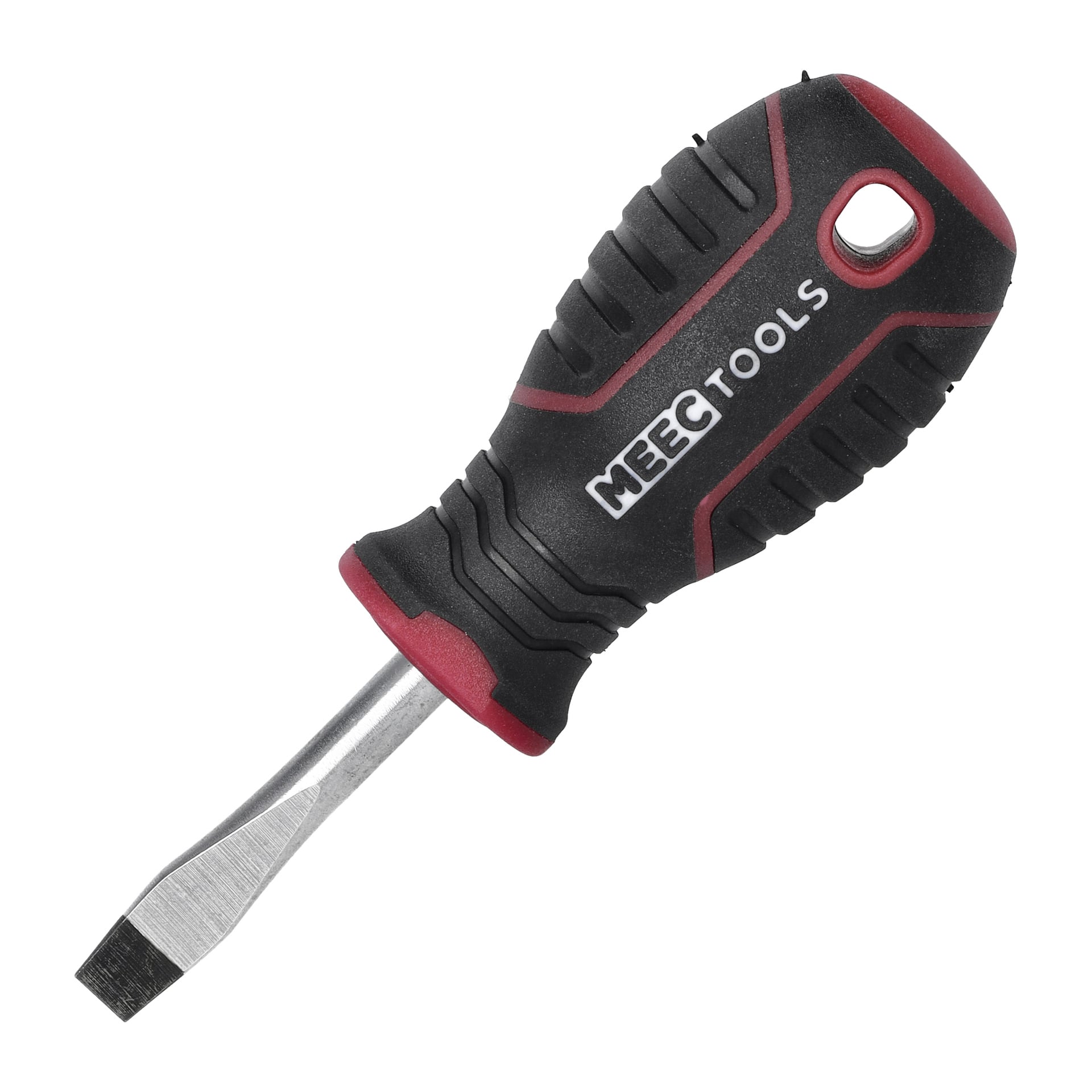 Ein Meec Tools-Schlitzschraubendreher mit kompaktem schwarz-rotem gummiierten Griff und einem Loch am Ende des Griffs für bequemes Aufhängen oder Aufbewahren.