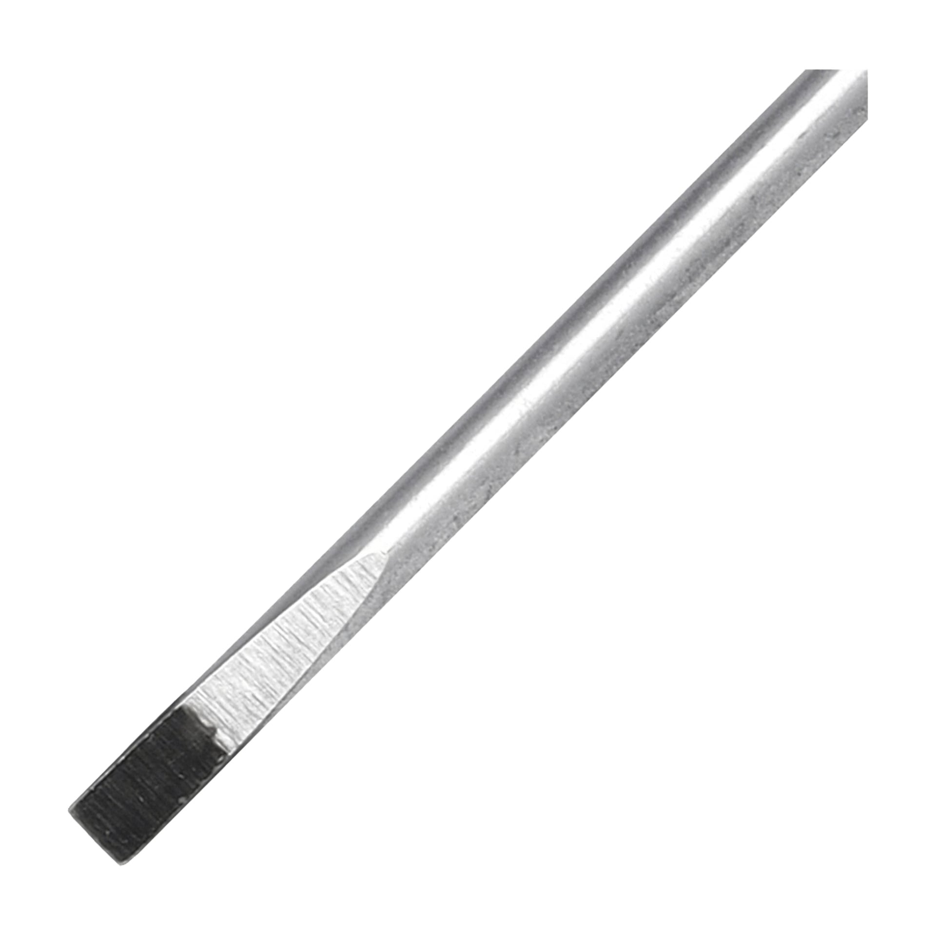 Nærbilde av metallspissen på en Meec Tools sporet skrutrekker, med fokus på det flate, rette designet.