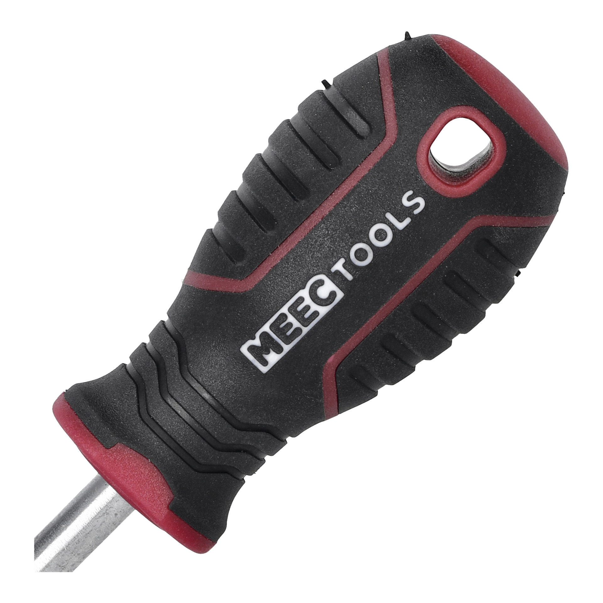 Detaillierte Ansicht des gummierten Griffs des geschlitzten Schraubenziehers von Meec Tools, der ein schwarz-rotes Farbschema zeigt und das Meec Tools-Logo zeigt. Der Griff hat ein Loch nahe am Ende, das wahrscheinlich für einfaches Aufhängen oder Aufbewahren gedacht ist.