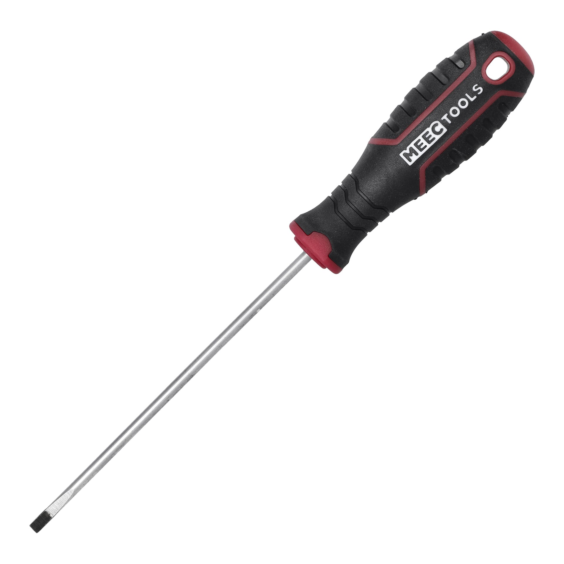 En Meec Tools spalteskrutrekker med lang metallskaft og et svart og rødt gummihåndtak.