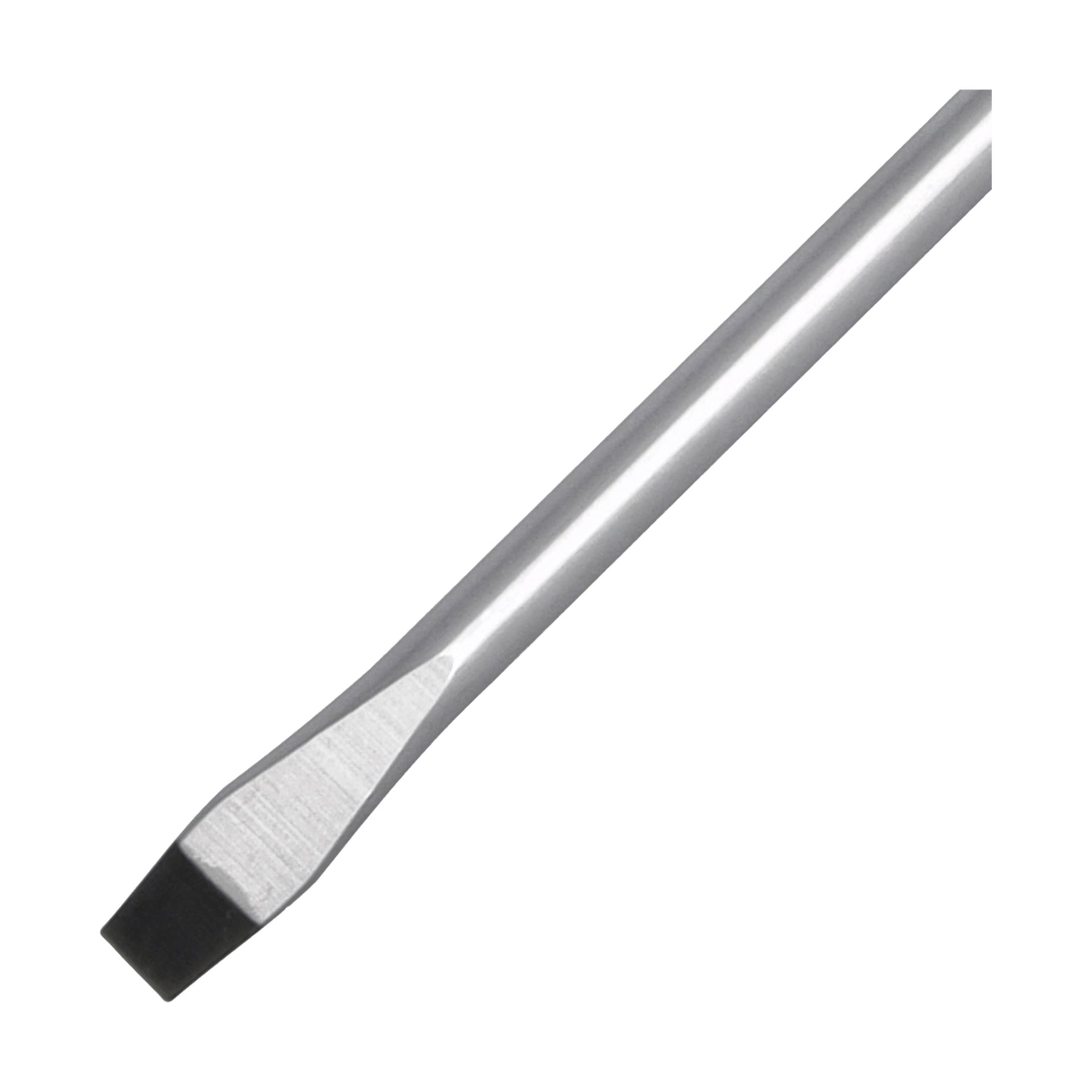 En närbild av Meec Tools Slits-skruvmejsel framhäver dess metallaxel och platta, raka spets. Verktyget är placerat diagonalt.