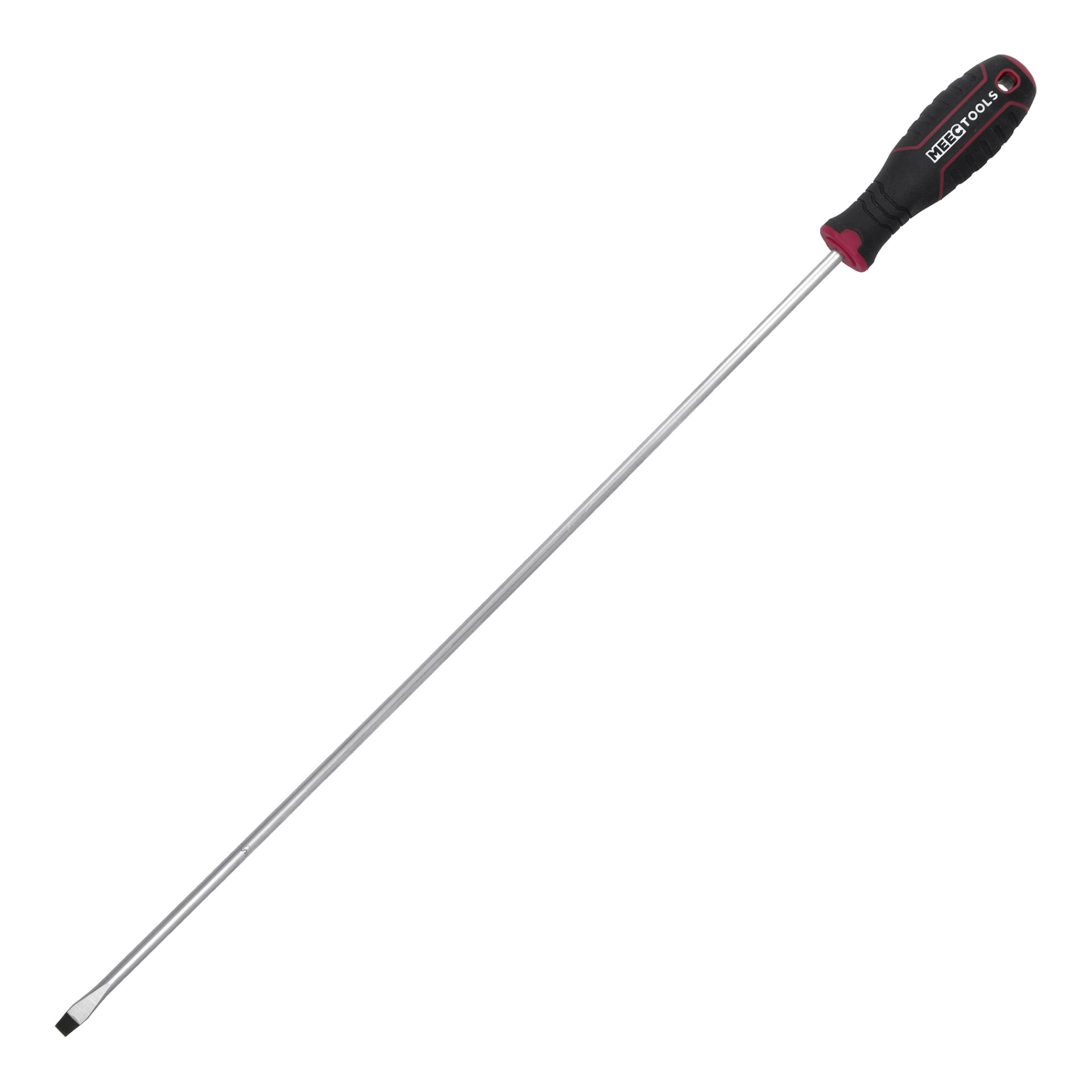 En Meec Tools slitsad skruvmejsel med ett svart och rött handtag och ett smalt silverskaft.