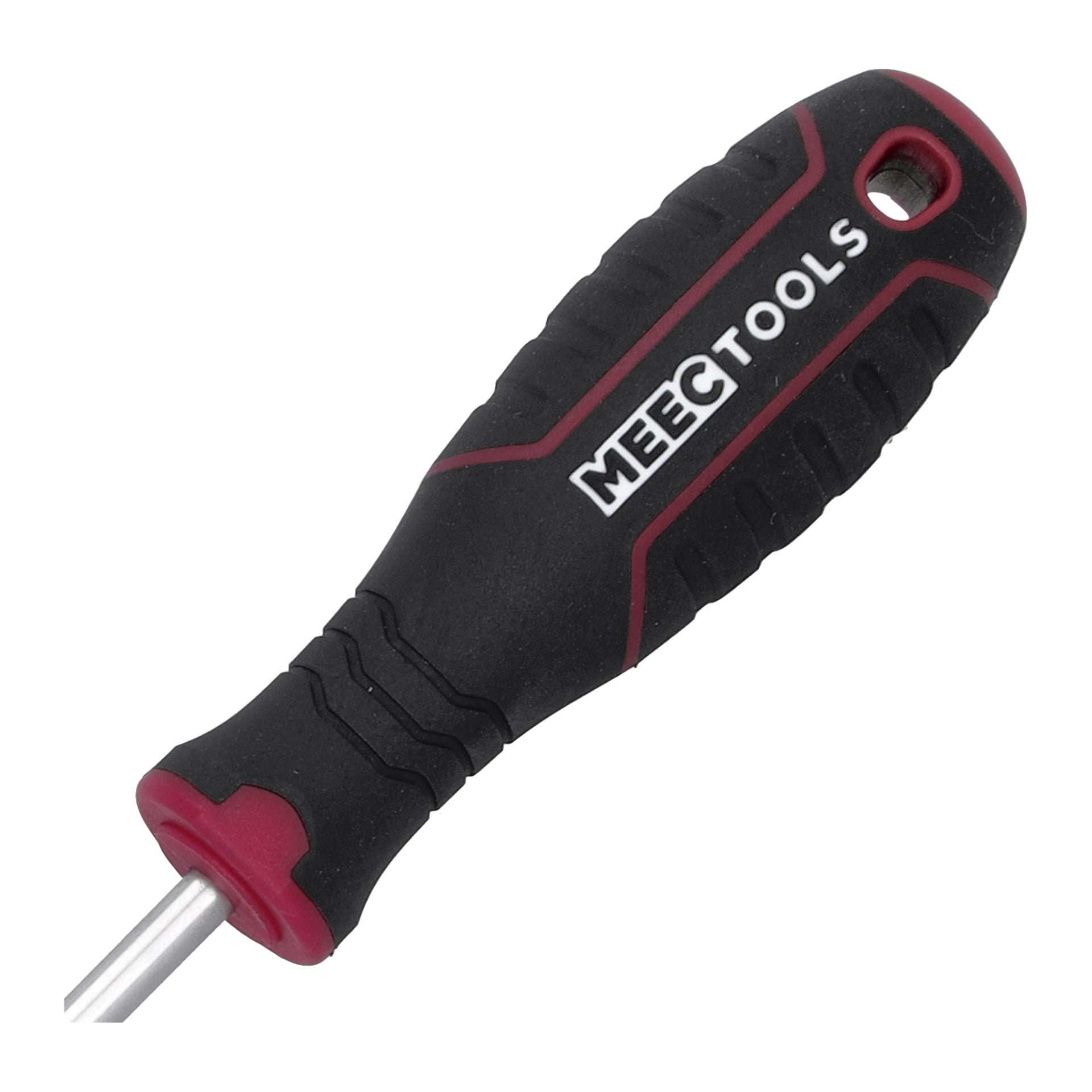 Närbild av ett Meec Tools skruvmejselhandtag. Handtaget är svart med röda och vita detaljer, texturerat för bättre grepp, och har ett hål nära änden för upphängning eller förvaring. En del av metallaxeln kan ses.