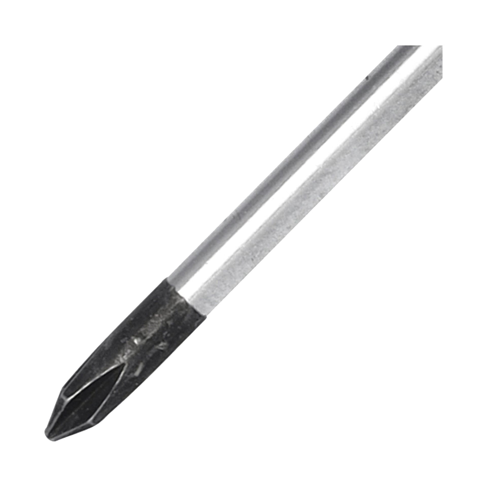 En närbild på en Meec Tools Phillips-skruvmejsel med silverskaft och en svart, korsformad spets, placerad diagonalt.