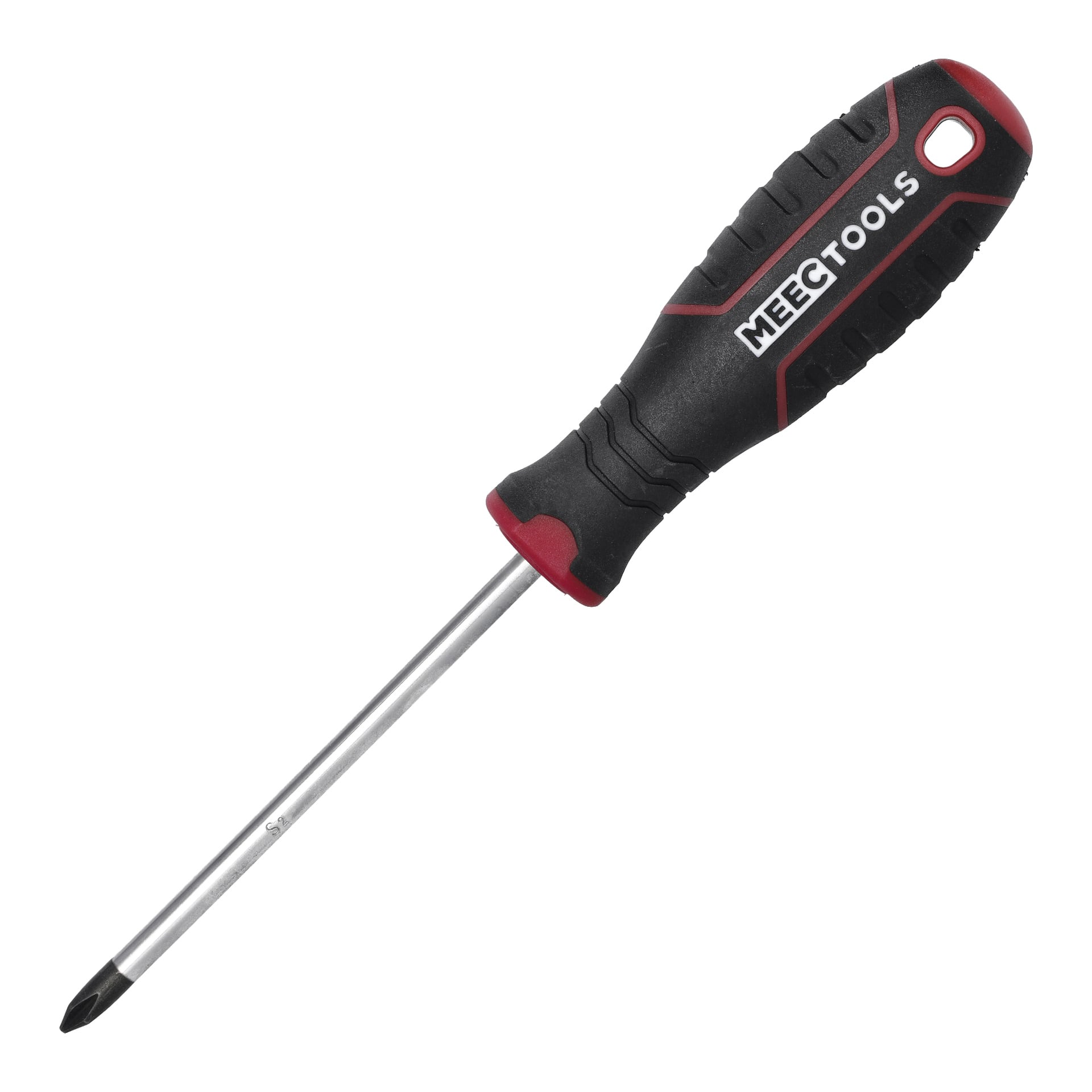 En Phillips-skruvmejsel med svart och rött handtag som visar Meec Tools-märkning, ett metallskaft och ett hål i handtaget för enkel upphängning eller förvaring.