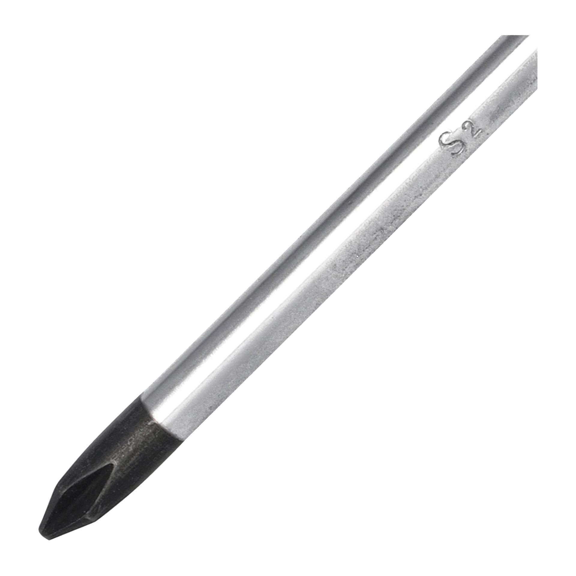 En närbild på en Meec Tools Phillips-skruvmejselbit med svart spets och silverskaft, visad diagonalt. Axeln nära spetsen är stämplat med "S2".