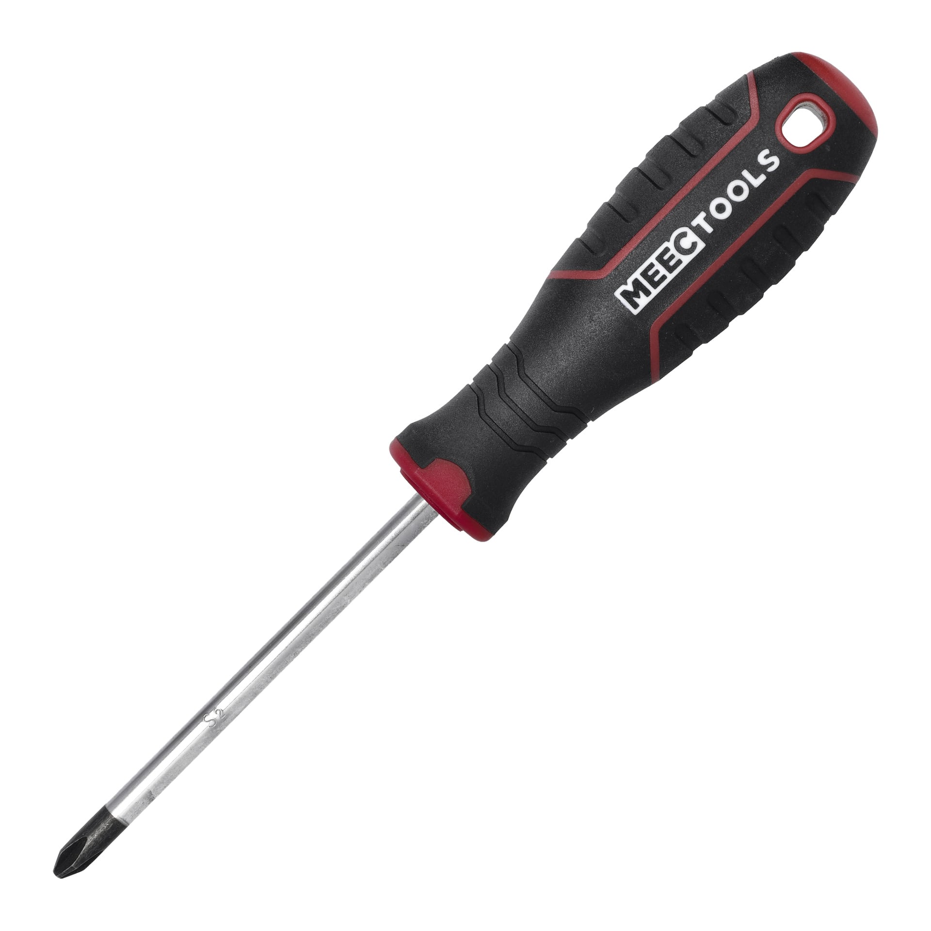 Śrubokręt krzyżowy Meec Tools o czarno-czerwonym wzorze ma teksturowaną rączkę, otwór do zawieszenia oraz metalowy trzon z krzyżowym końcem przeznaczonym do śrub krzyżowych.