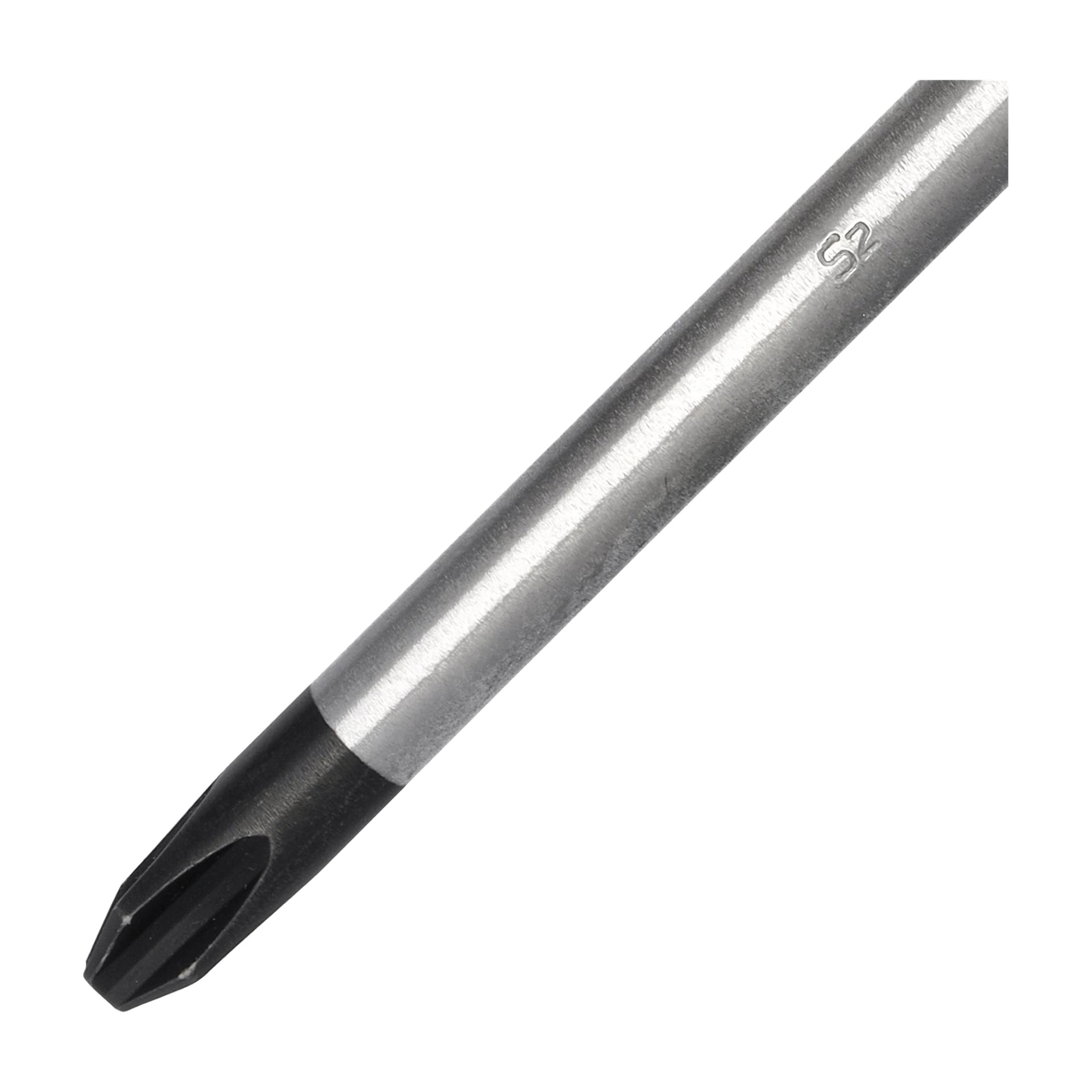 En närbild på en Meec Tools Phillips-skruvmejsel med en svart, korsformad spets och en metallaxel med S2-märkningen nära toppen.