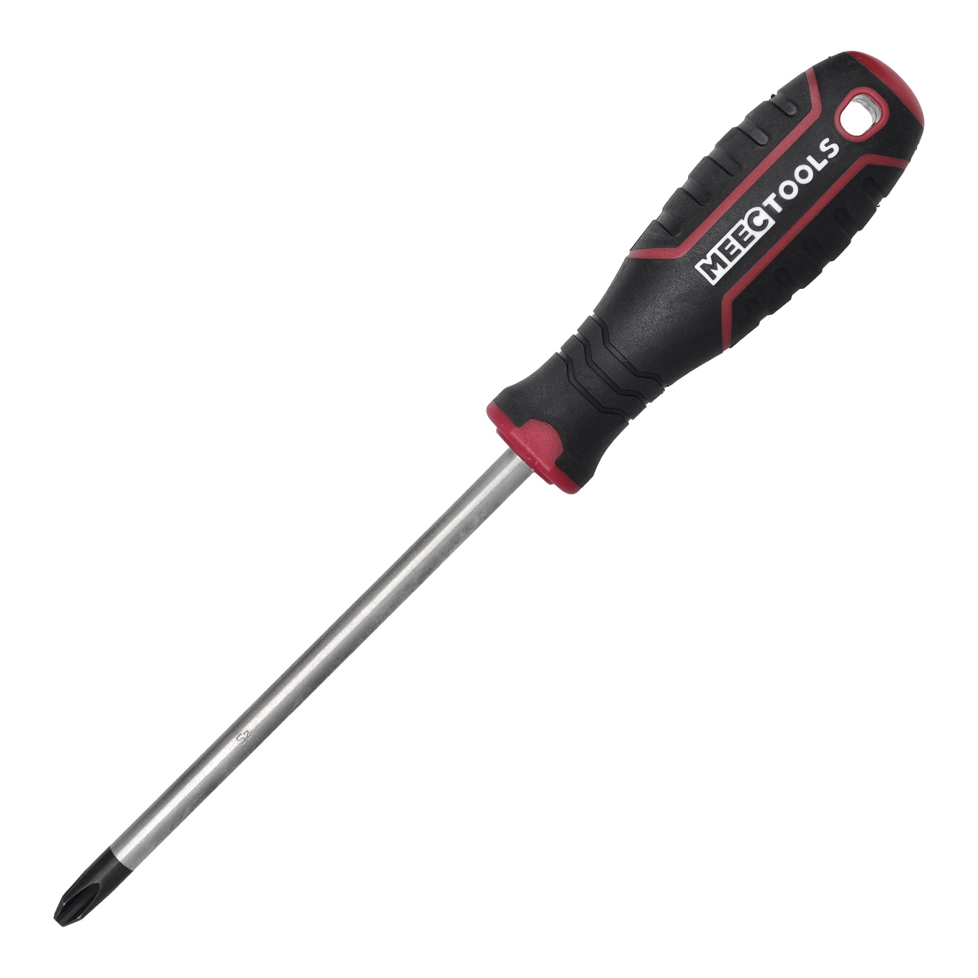 En Meec Tools Phillips-skruvmejsel med svart och rött handtag, ett långt metallskaft och en korsformad spets.